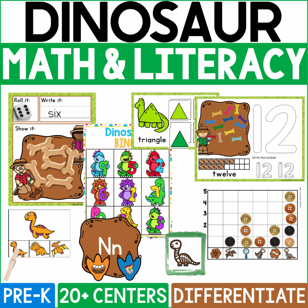 Photo showing activities from a dinosaur theme math & literacy pack.