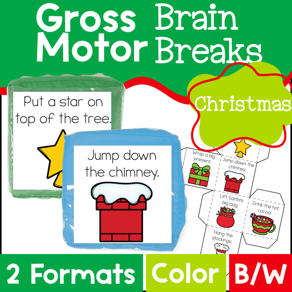 Christmas Gross Motor Brain Breaks cube activity featuring two soft foam cubes with movement prompts like “Put a star on top of the tree” and “Jump down the chimney.” Bright Christmas illustrations make this holiday brain break perfect for preschool indoor recess, circle time, and quick movement activities.