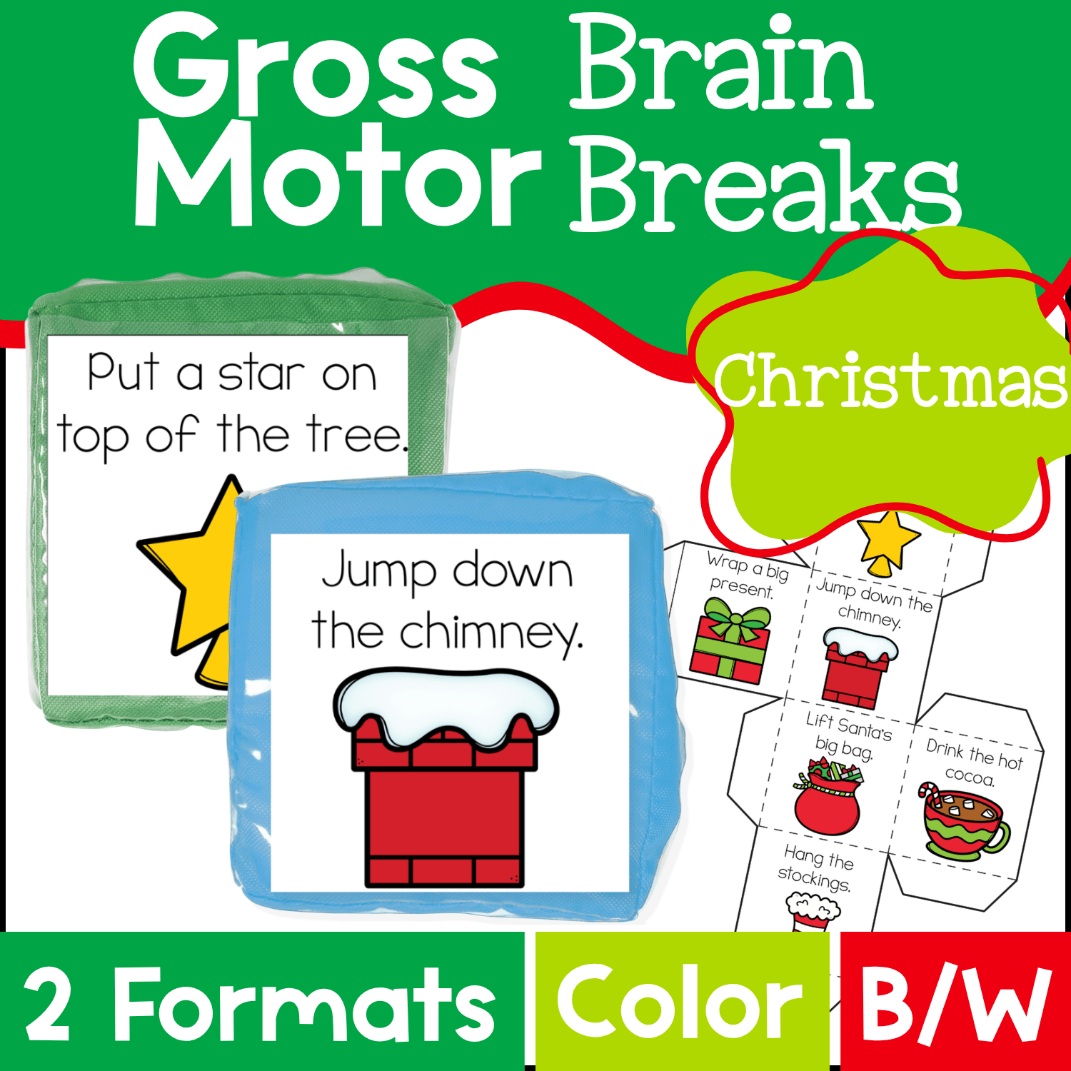 Christmas Gross Motor Brain Breaks cube activity featuring two soft foam cubes with movement prompts like “Put a star on top of the tree” and “Jump down the chimney.” Bright Christmas illustrations make this holiday brain break perfect for preschool indoor recess, circle time, and quick movement activities.