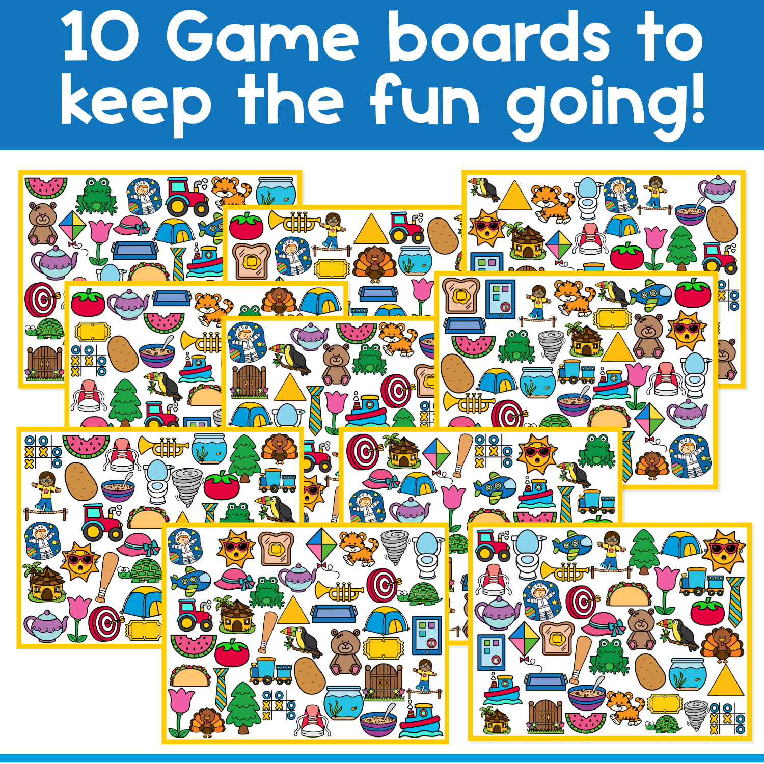 I Spy Letter T game board filled with colorful T sound vocabulary such as ticket, tent, tugboat, and triangle. Engaging phonics game for beginning T, middle sound T, and ending sound T practice.