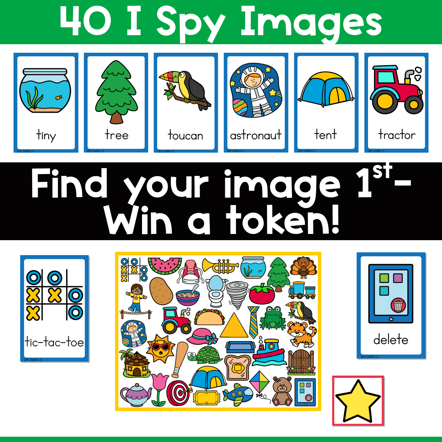 Close-up of I Spy Letter Sound T image cards including tiger, turtle, trumpet, and tomato. Phonics and articulation resource for speech therapy, ELL, and classroom literacy centers.