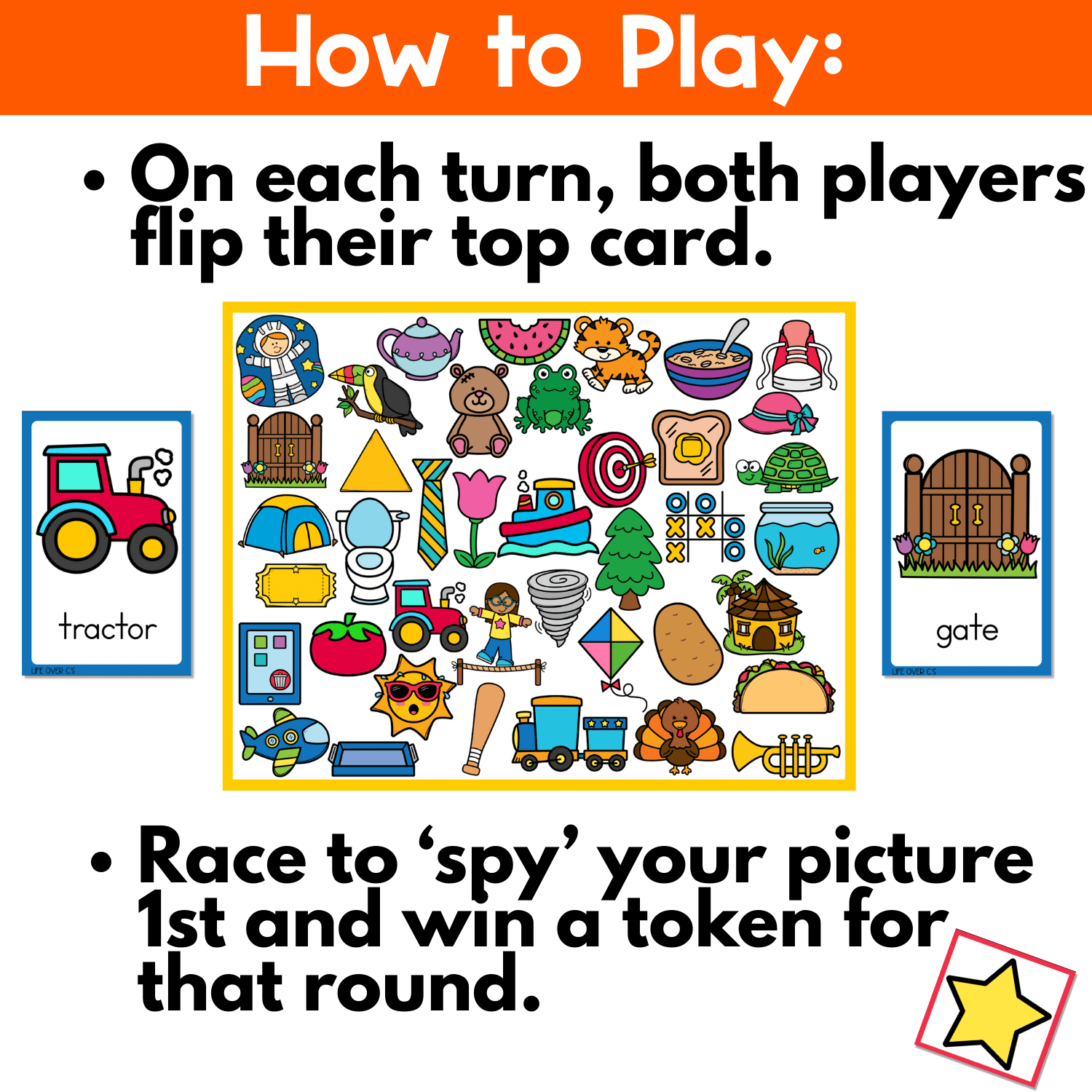Star tokens and printable I Spy Letter T boards showing T sound vocabulary such as target, ticket, tent, and toast. Interactive articulation and phonics game for small groups and sub plans.