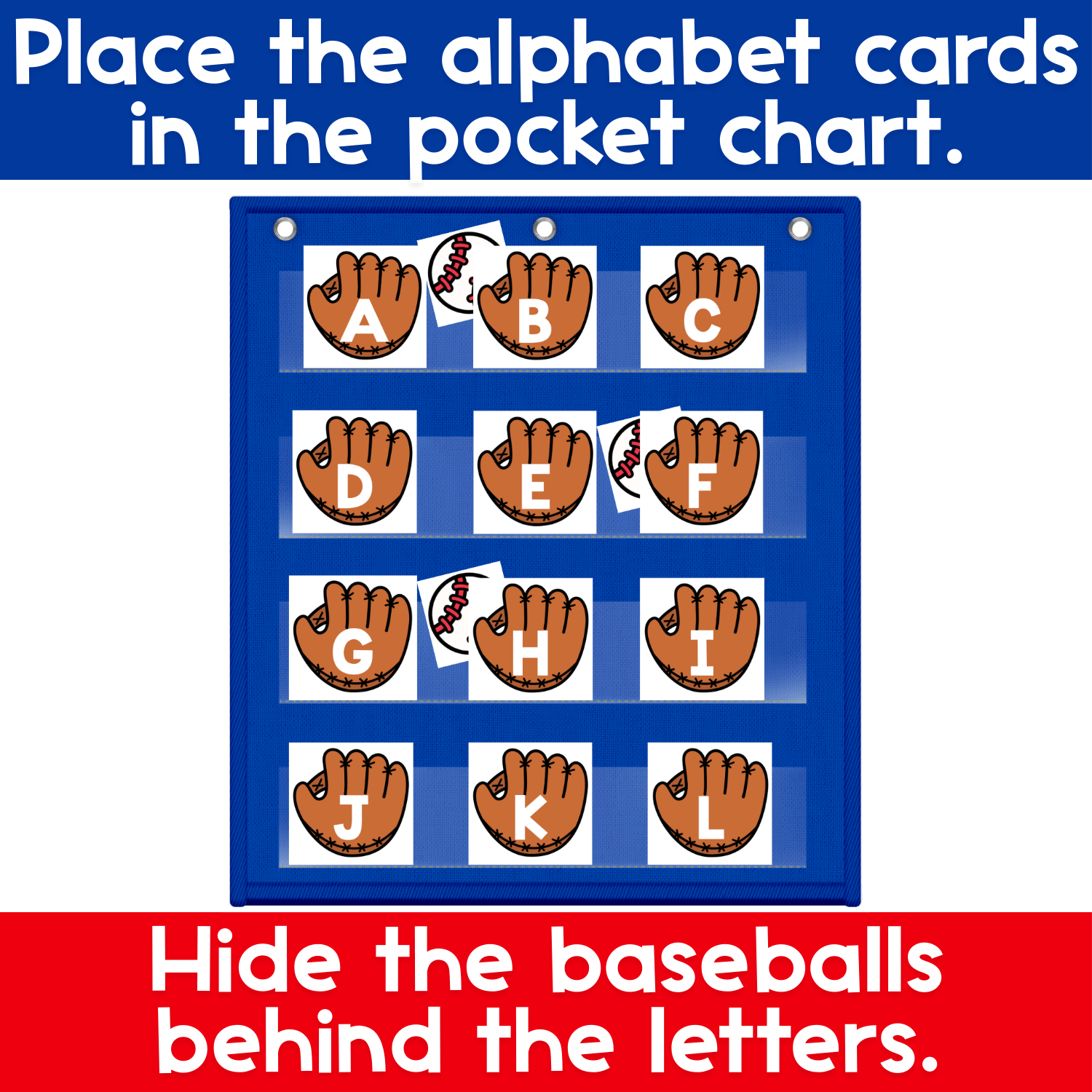 Alphabet pocket chart game with baseball glove letter cards arranged in a pocket chart for circle time letter recognition.