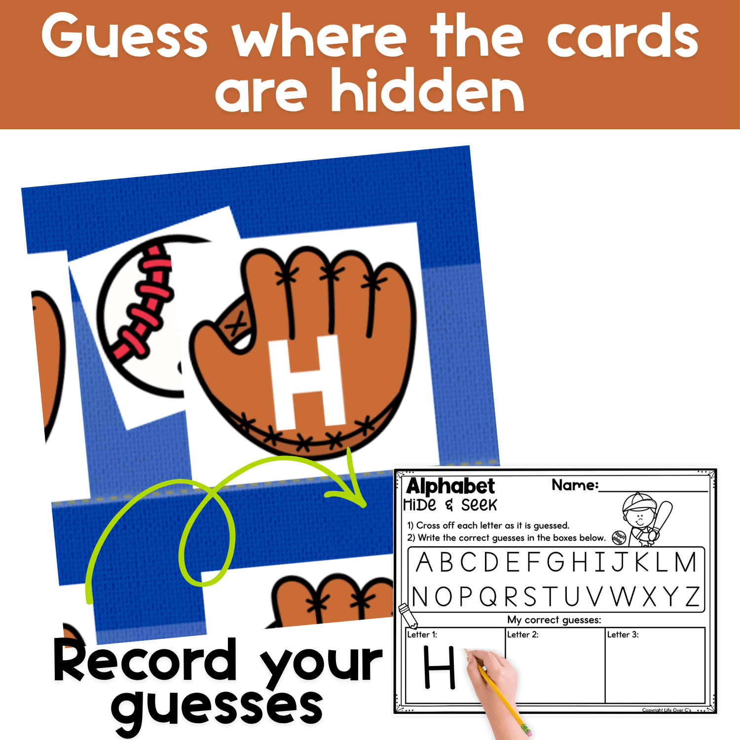 Alphabet hide and seek pocket chart game showing a baseball hidden behind a letter card with a handwriting recording page.