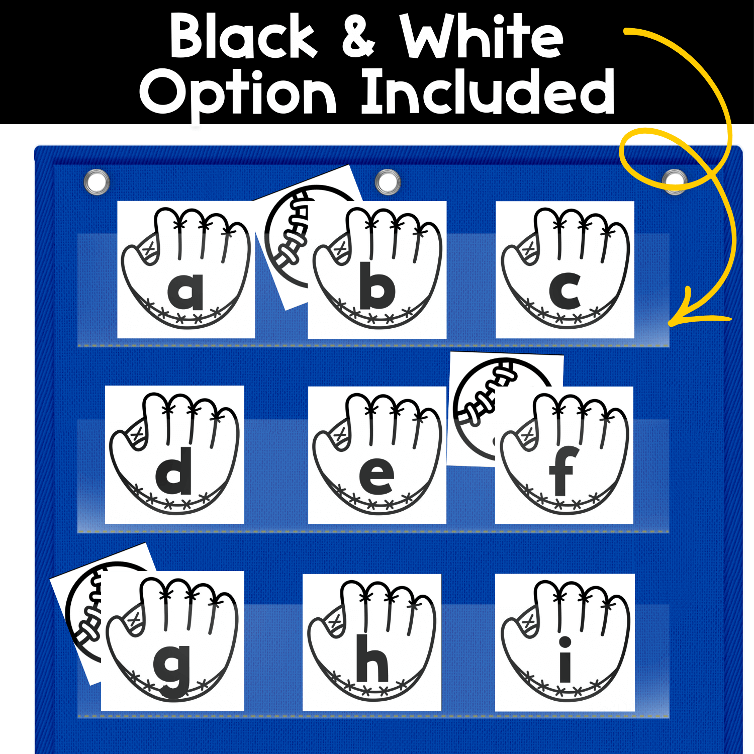 Black and white alphabet hide and seek pocket chart game with lowercase letters, designed for easy printing and letter recognition practice.