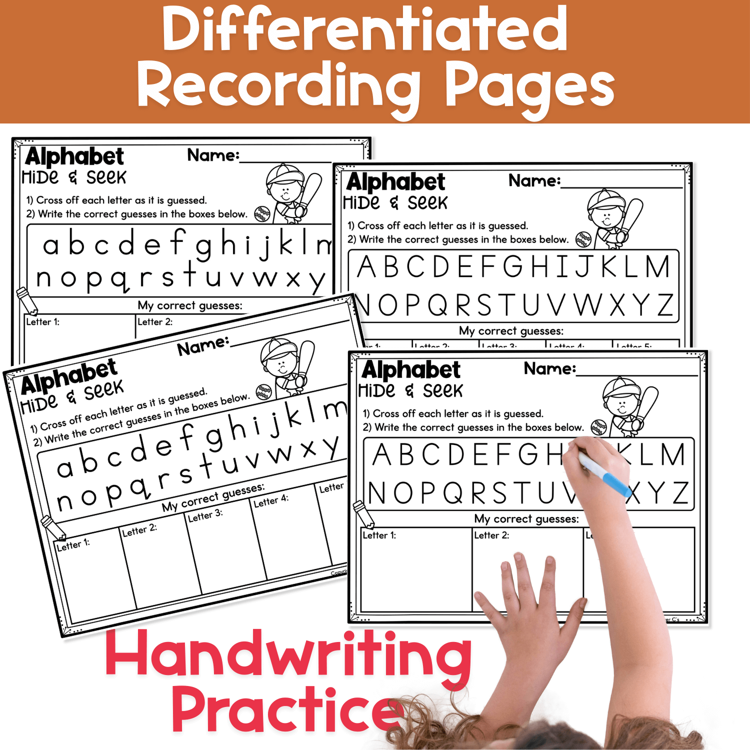 Differentiated alphabet hide and seek recording pages with uppercase and lowercase letters, supporting handwriting and alphabet practice.