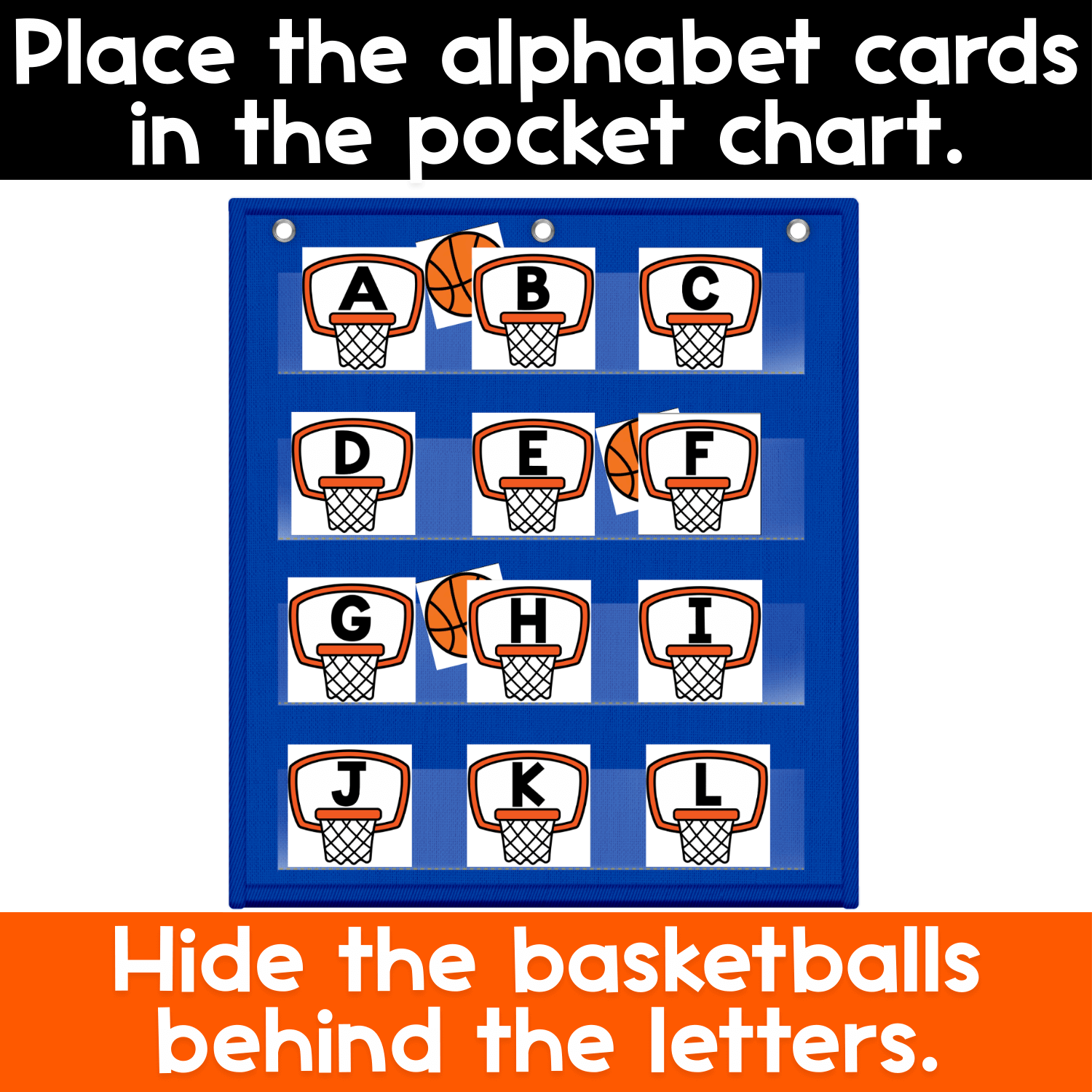 Alphabet pocket chart game with basketball hoop letter cards placed in a pocket chart for circle time letter recognition.