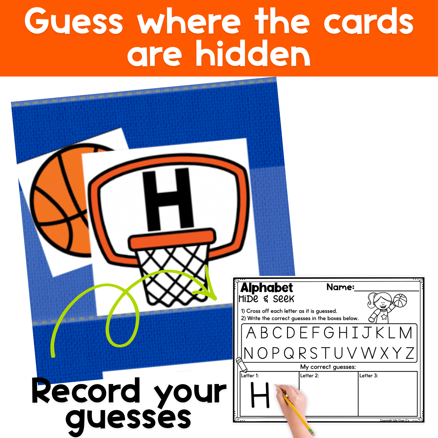 Alphabet hide and seek pocket chart game showing a basketball hidden behind a letter card and a recording page for writing guesses.