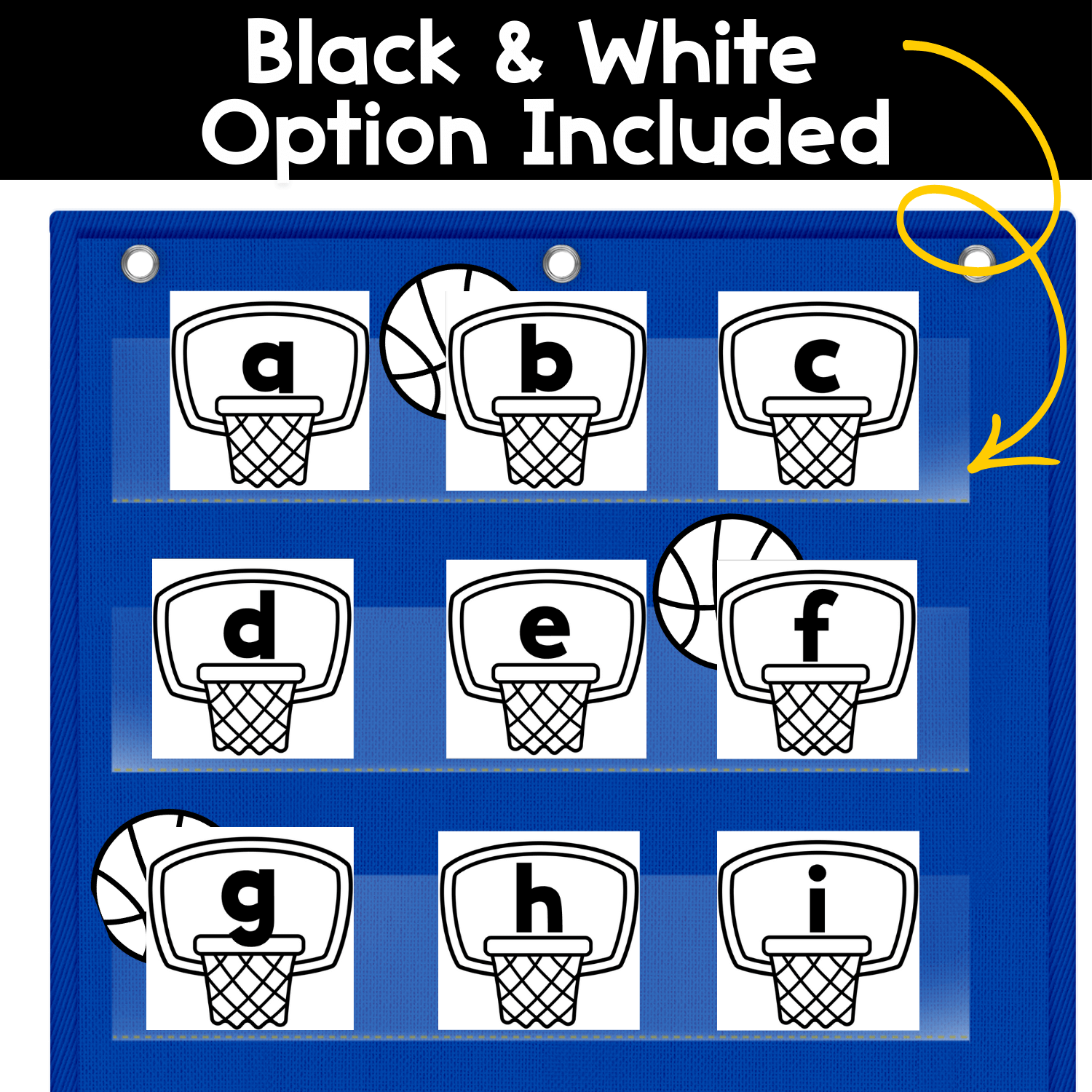 Black and white alphabet hide and seek pocket chart game with basketball hoop letter cards arranged for lowercase letter recognition.