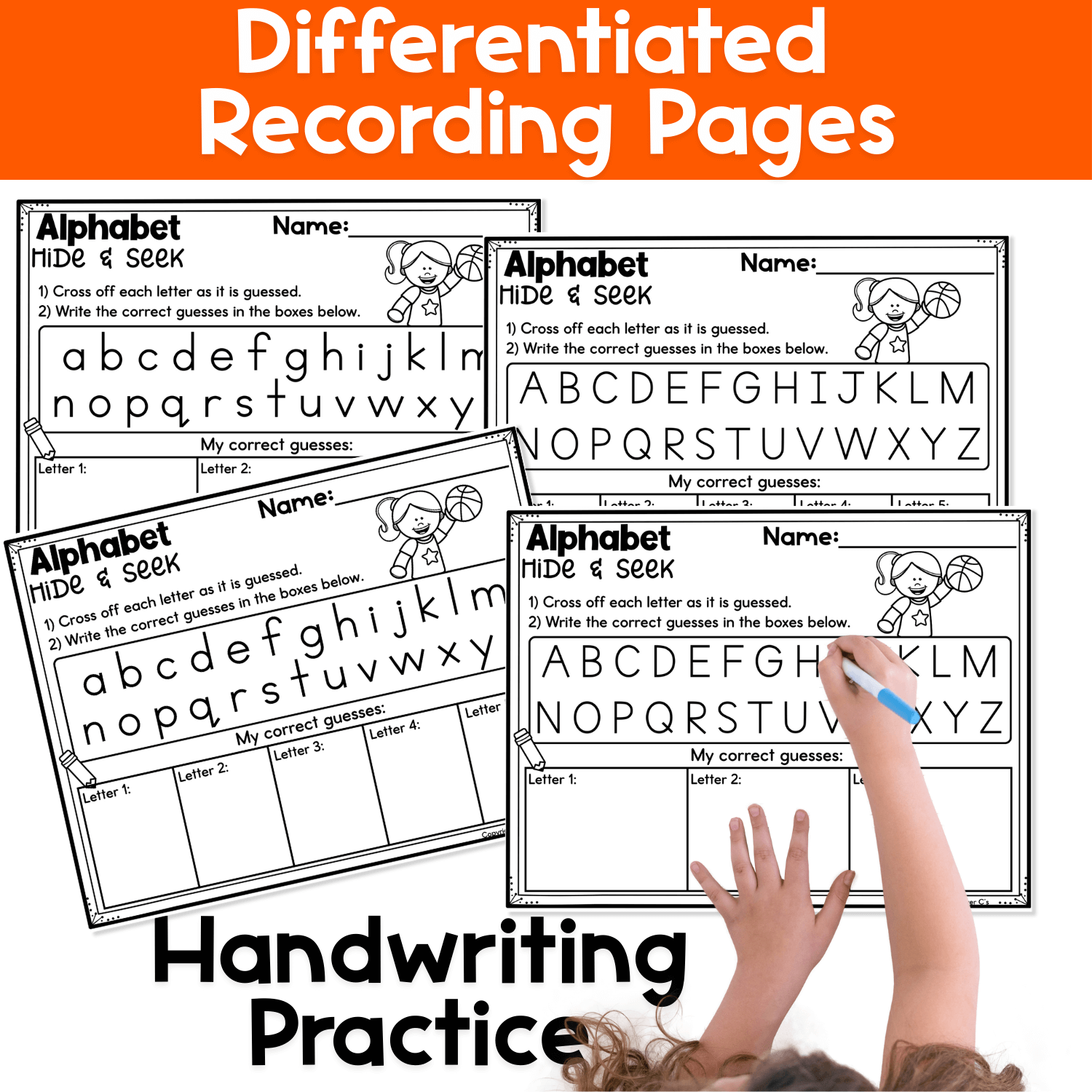 Differentiated alphabet hide and seek recording pages featuring uppercase and lowercase letters for handwriting and letter recognition.