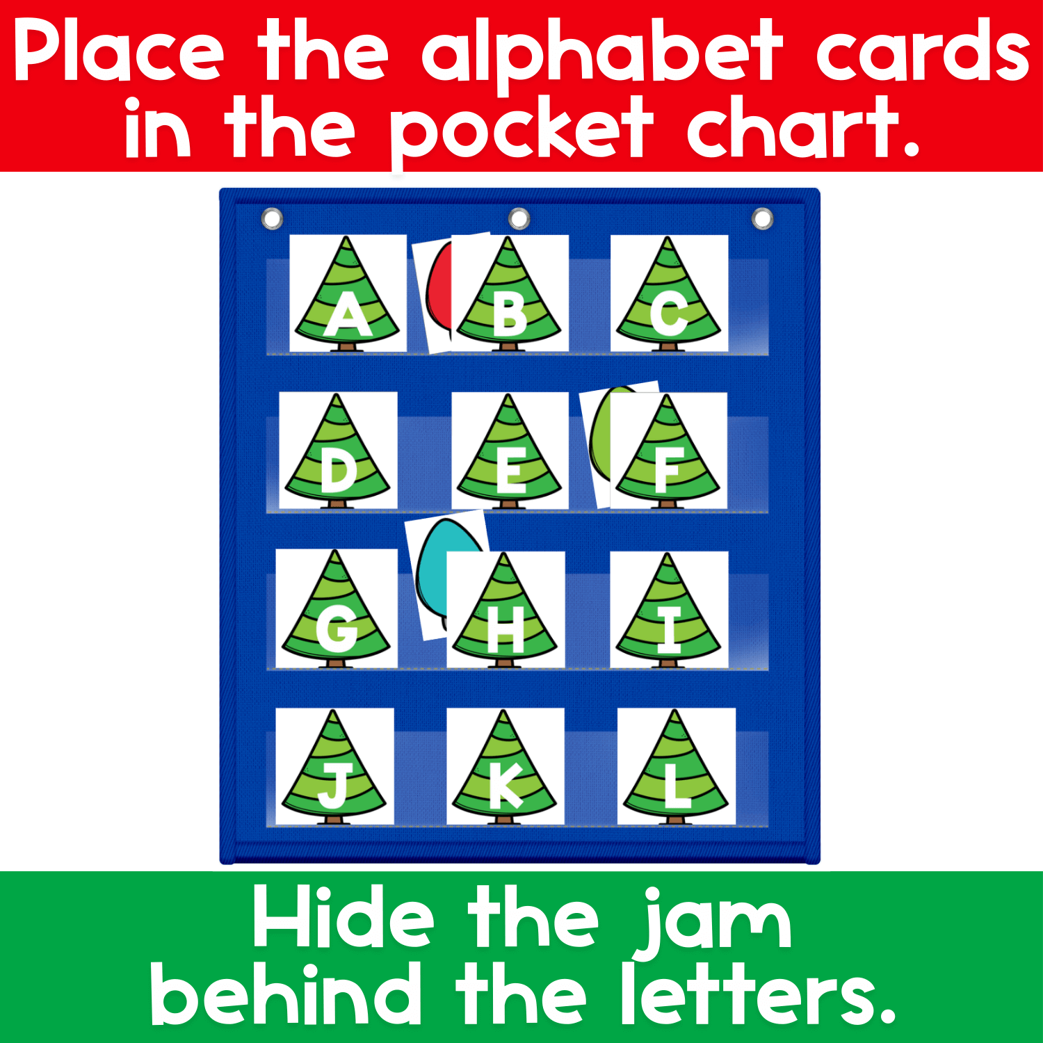 Alphabet pocket chart game with Christmas tree letter cards arranged in rows, used for hide and seek letter recognition during circle time.