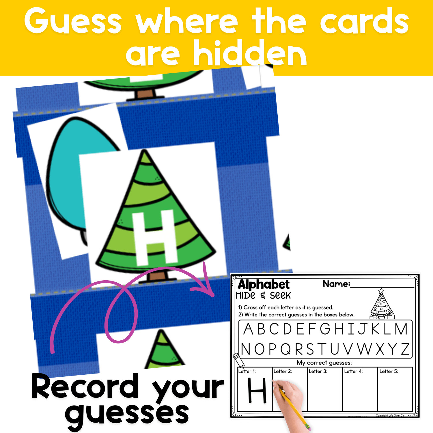 Alphabet hide and seek pocket chart game showing a hidden card behind a letter and a recording page used to write guessed letters.