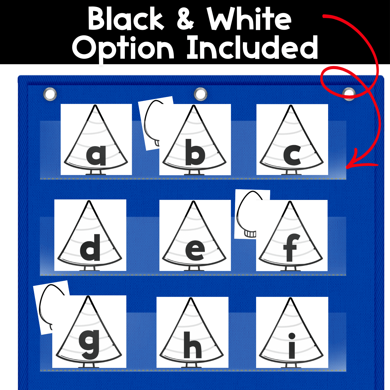 Black and white alphabet hide and seek pocket chart game with lowercase letter cards displayed in a pocket chart for letter recognition.