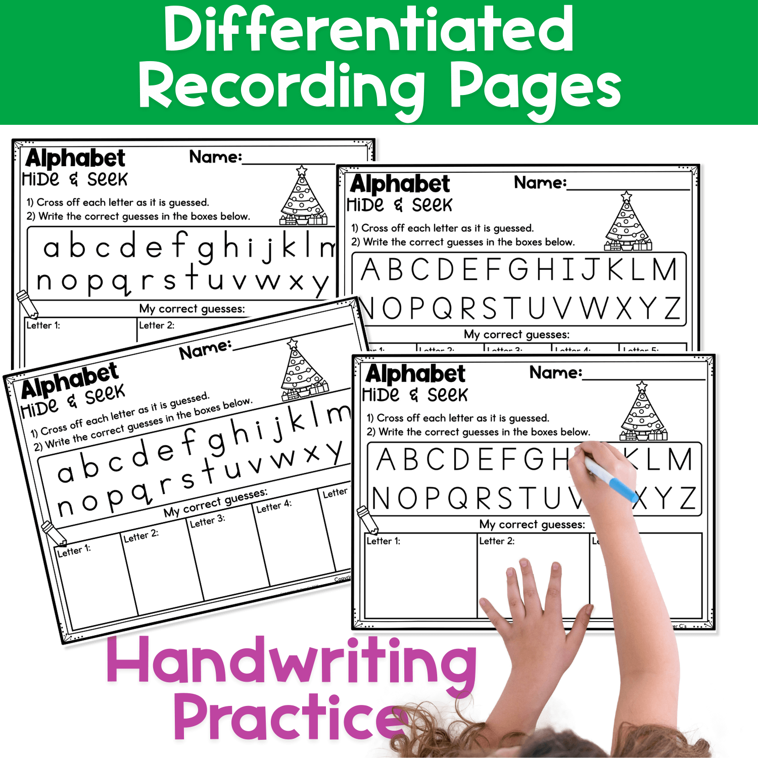 Alphabet hide and seek pocket chart game displaying uppercase and lowercase letters with a recording sheet for handwriting practice.