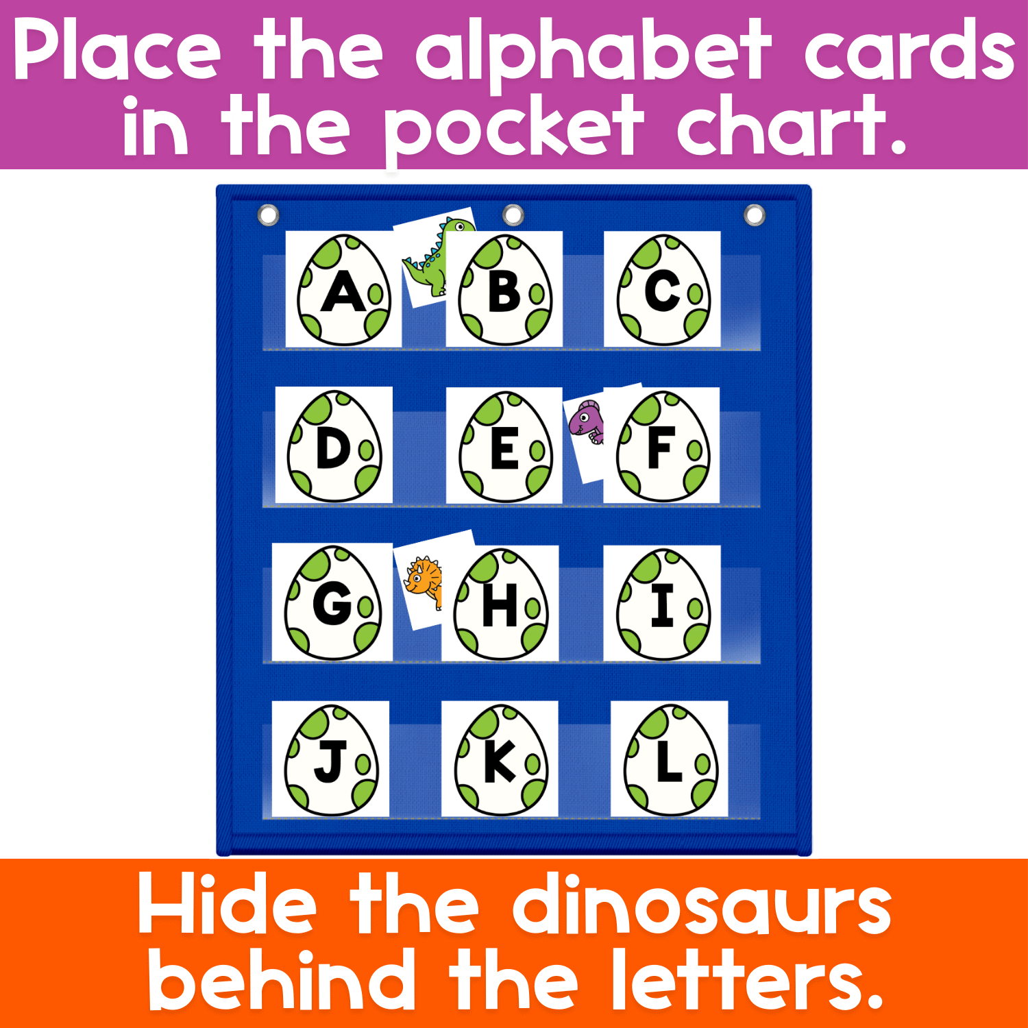 Alphabet pocket chart game with dinosaur egg letter cards placed in rows, designed for hands-on alphabet and letter recognition practice.