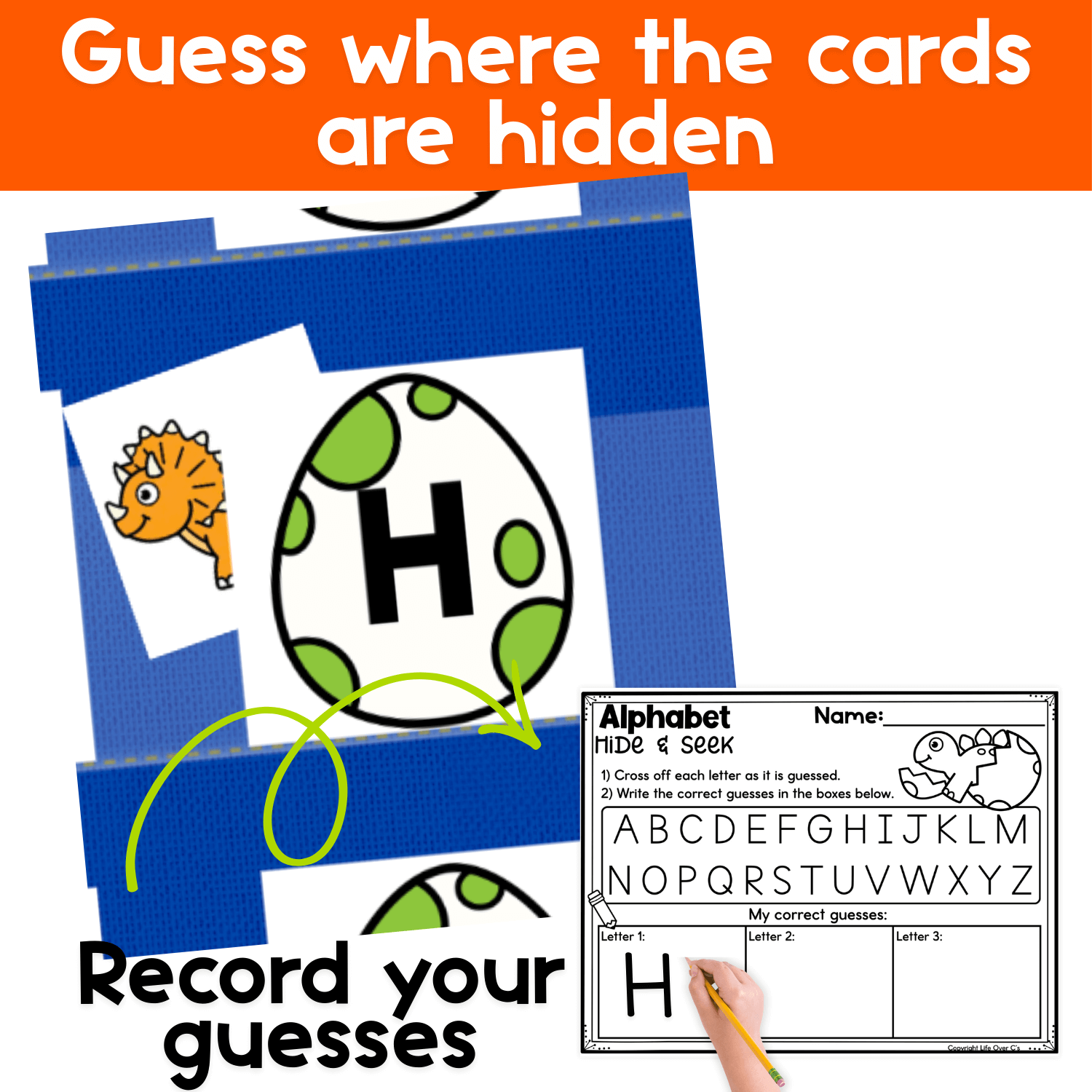 Alphabet hide and seek pocket chart game showing a dinosaur card hidden behind a letter with a recording sheet used for handwriting practice.