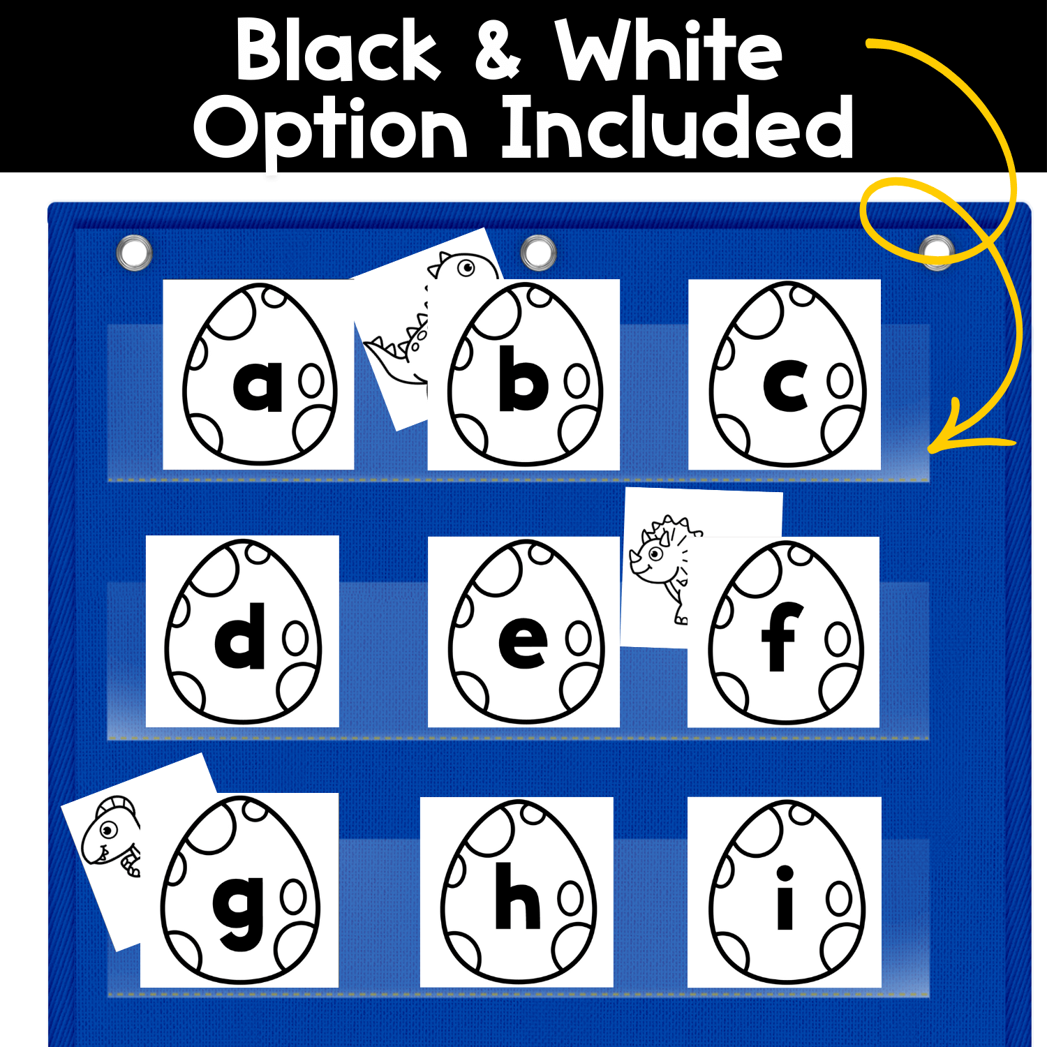 Black and white alphabet hide and seek pocket chart game with lowercase letter cards, offering a printer-friendly letter recognition option.