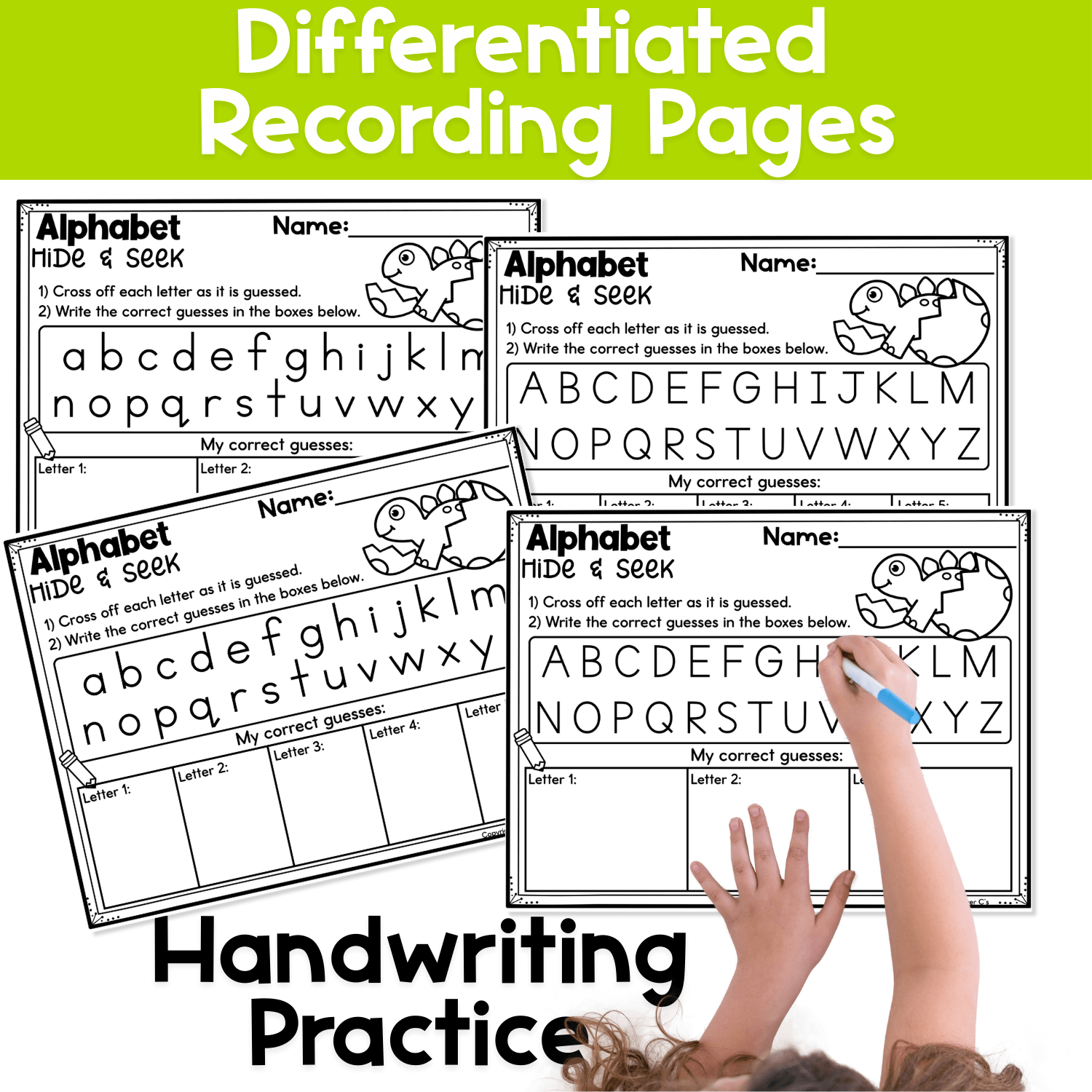 Differentiated alphabet hide and seek recording pages featuring uppercase and lowercase letters to support handwriting and letter recognition.