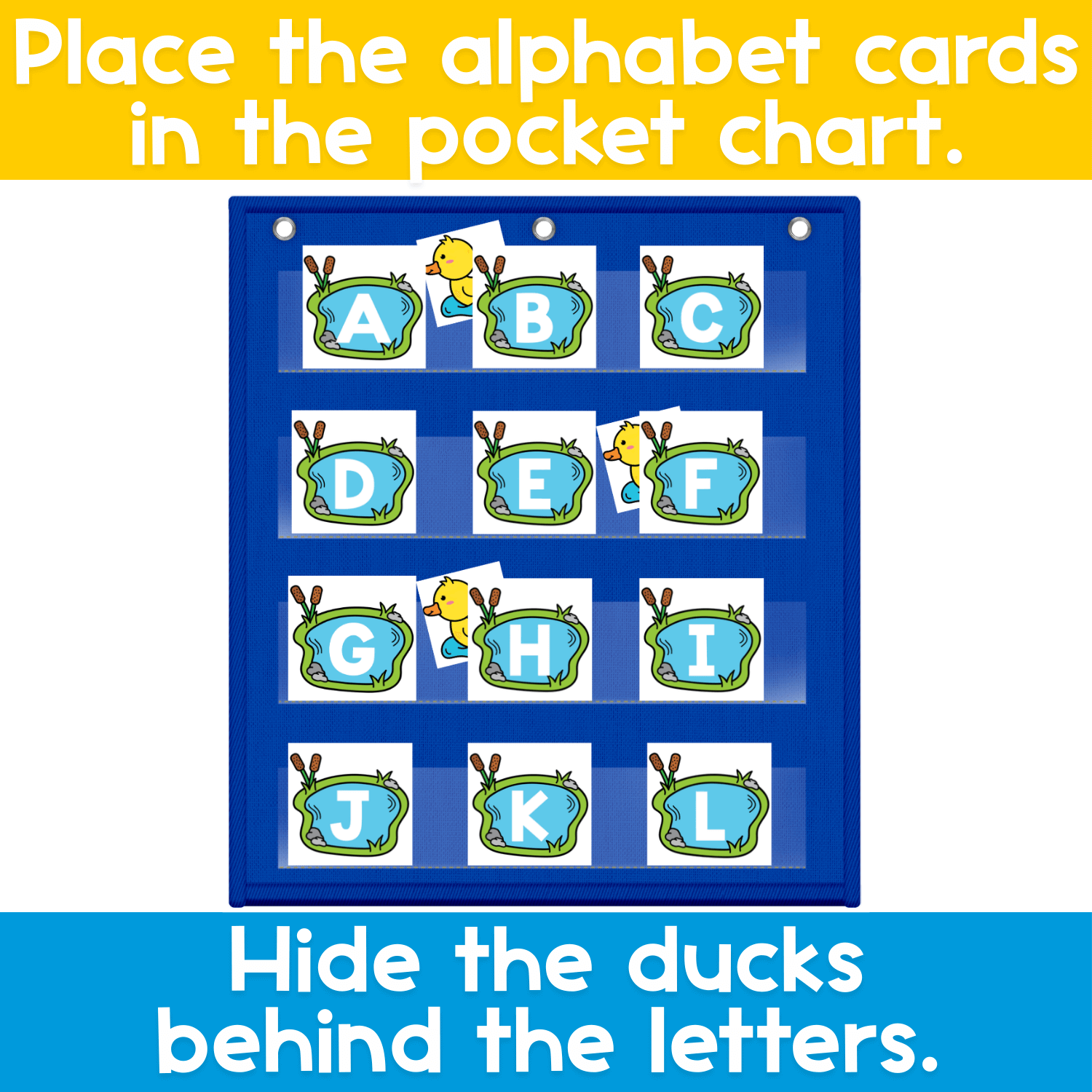 Alphabet pocket chart game with duck pond letter cards arranged in a pocket chart for circle time alphabet instruction.