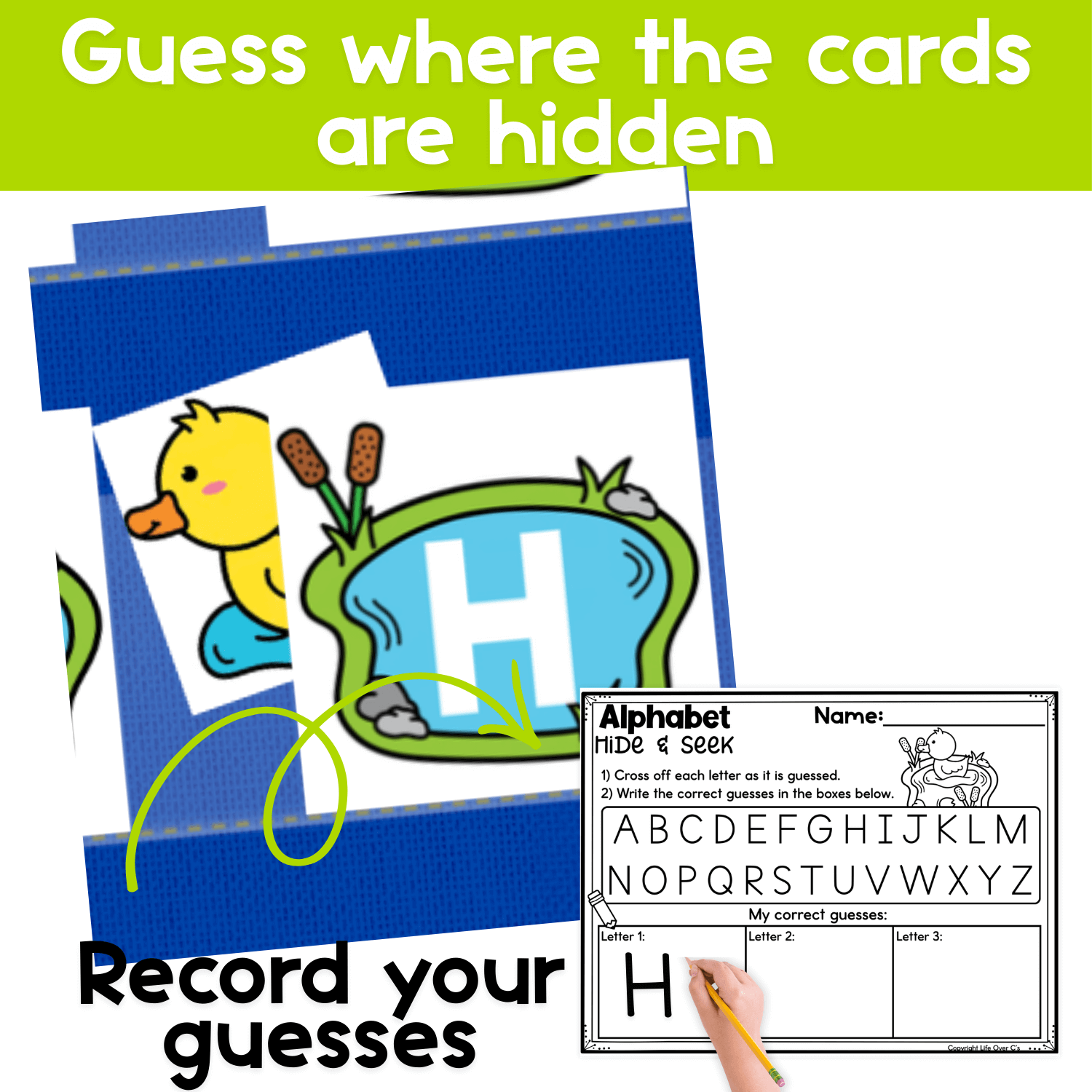 Alphabet hide and seek pocket chart game showing a duck hidden behind a letter card with a handwriting recording page.
