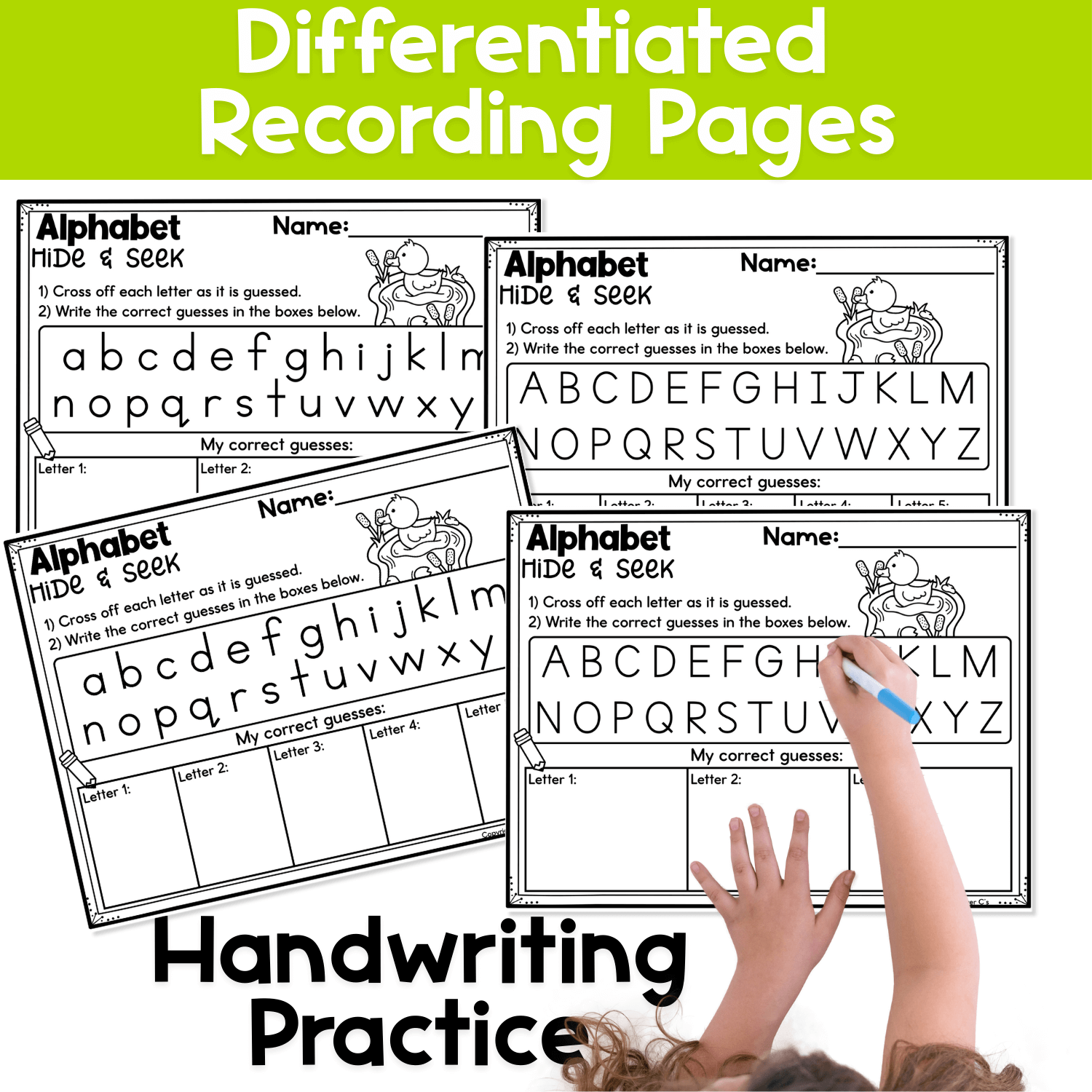 Differentiated alphabet hide and seek recording pages with uppercase and lowercase letters for handwriting and letter recognition practice.