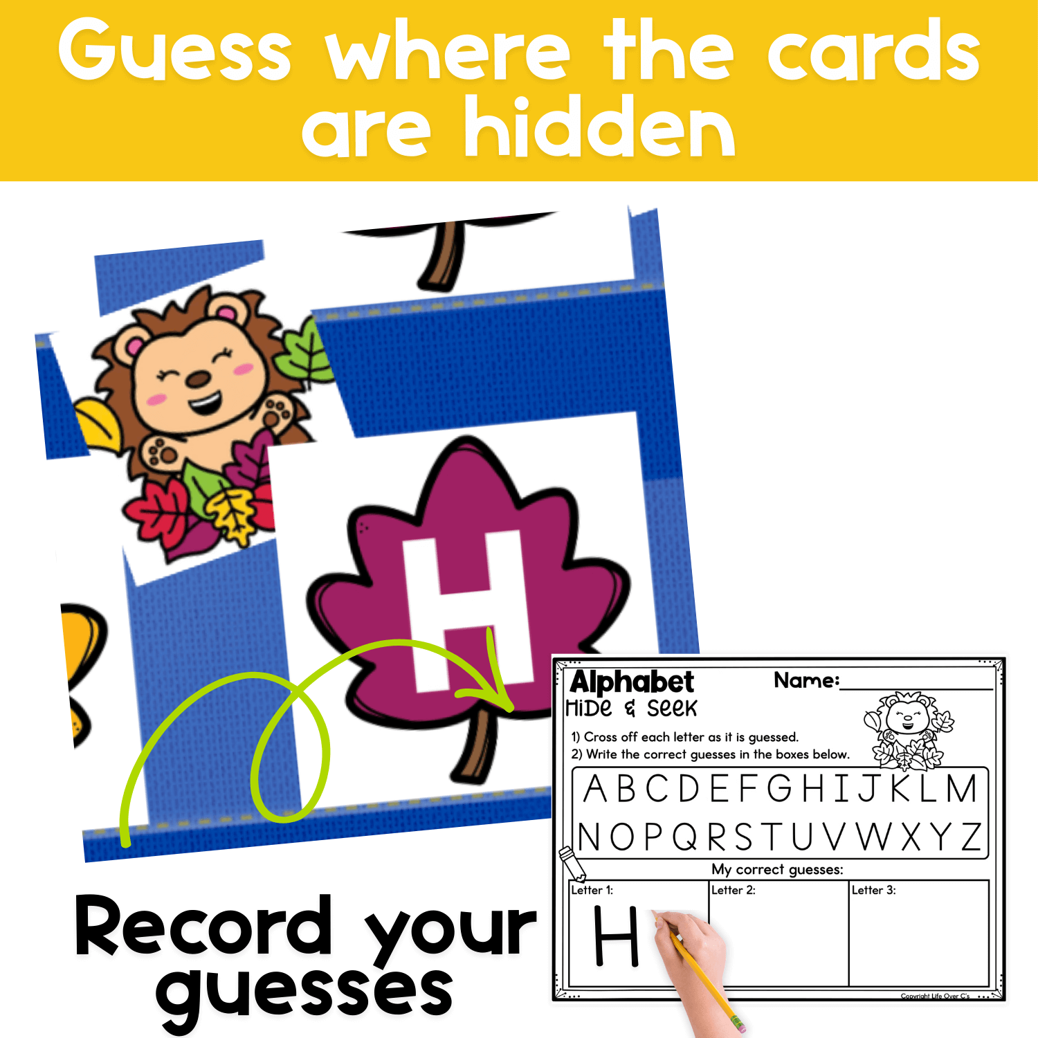 Alphabet hide and seek pocket chart game showing a hedgehog hidden behind a letter card with a handwriting recording page.