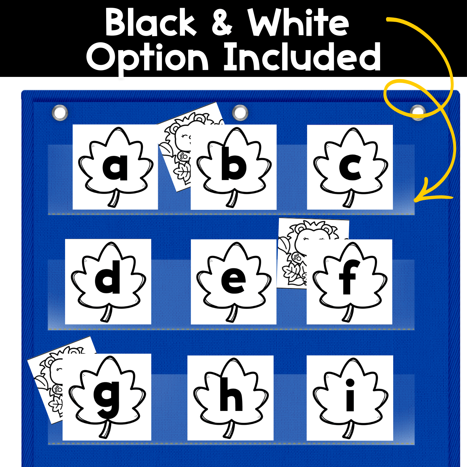 Black and white alphabet hide and seek pocket chart game with lowercase letter cards for easy printing and reusable alphabet practice.