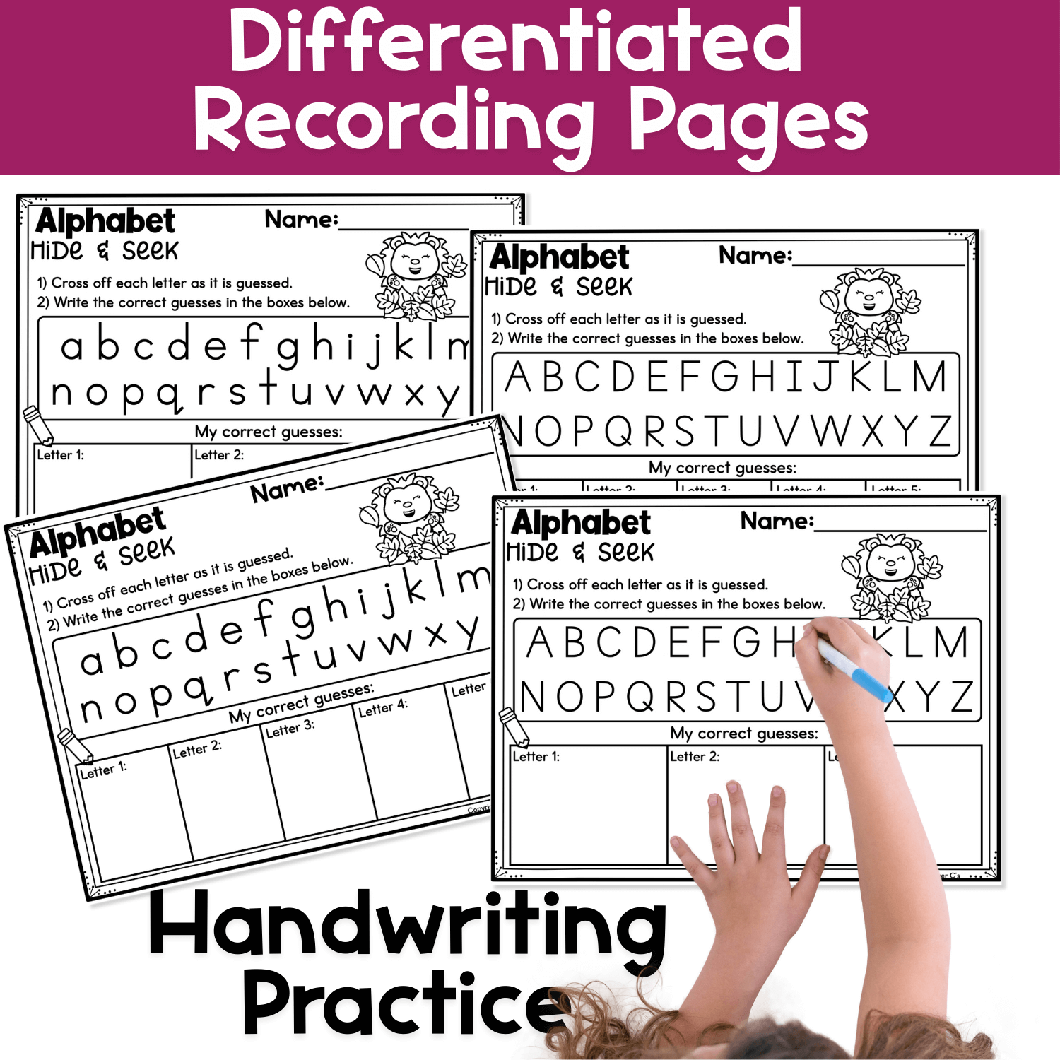 Differentiated alphabet hide and seek recording pages for the fall acorn theme showing uppercase and lowercase letters with handwriting support.