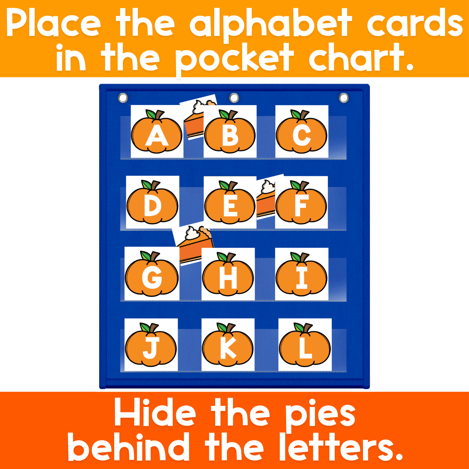 Alphabet pocket chart game with pumpkin letter cards placed in a classroom pocket chart to practice uppercase letter recognition.