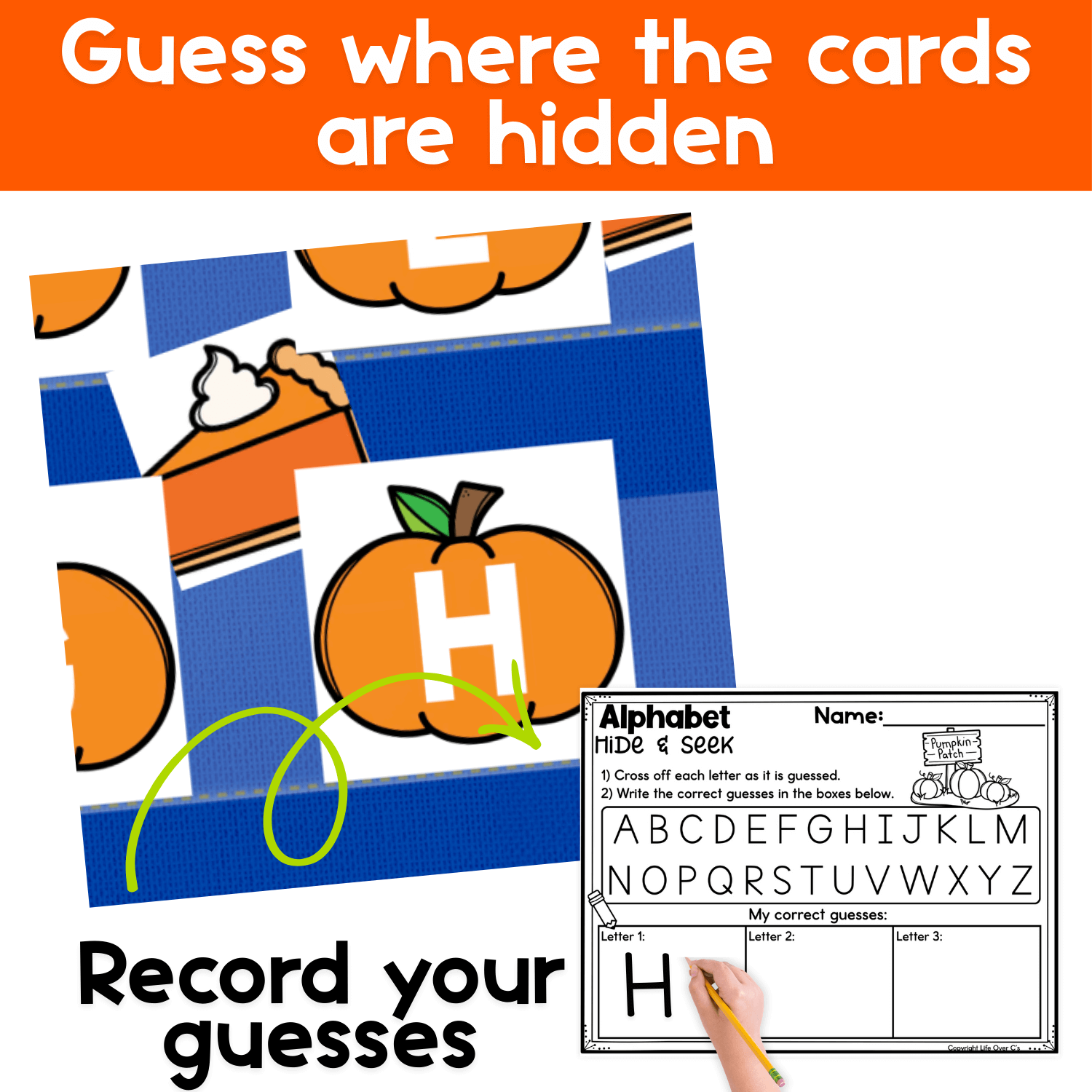 Alphabet hide and seek pocket chart game showing a pumpkin letter card with a hidden pie card underneath for interactive letter recognition.