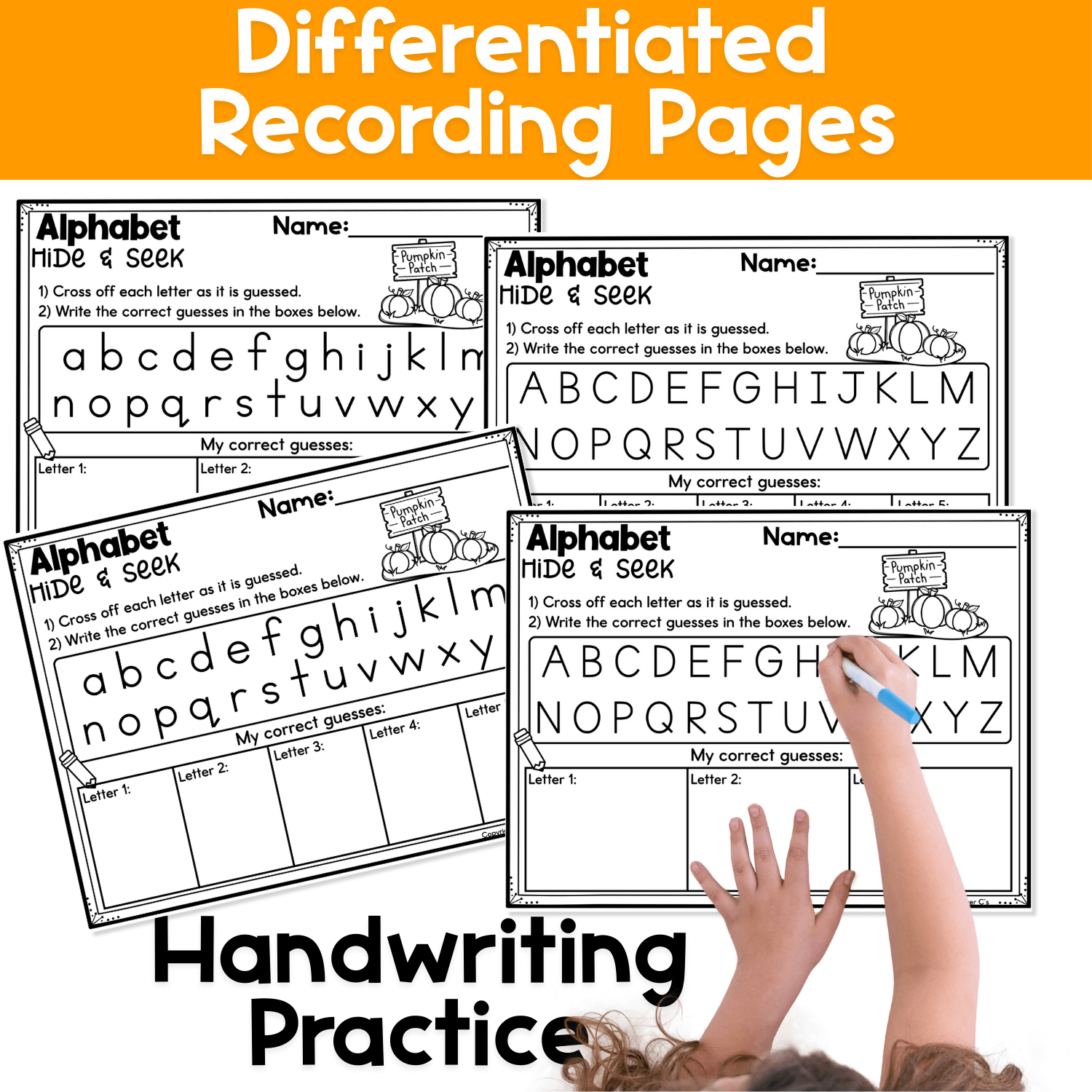 Black and white alphabet hide and seek pocket chart game with lowercase pumpkin letter cards for printer-friendly letter recognition activities.