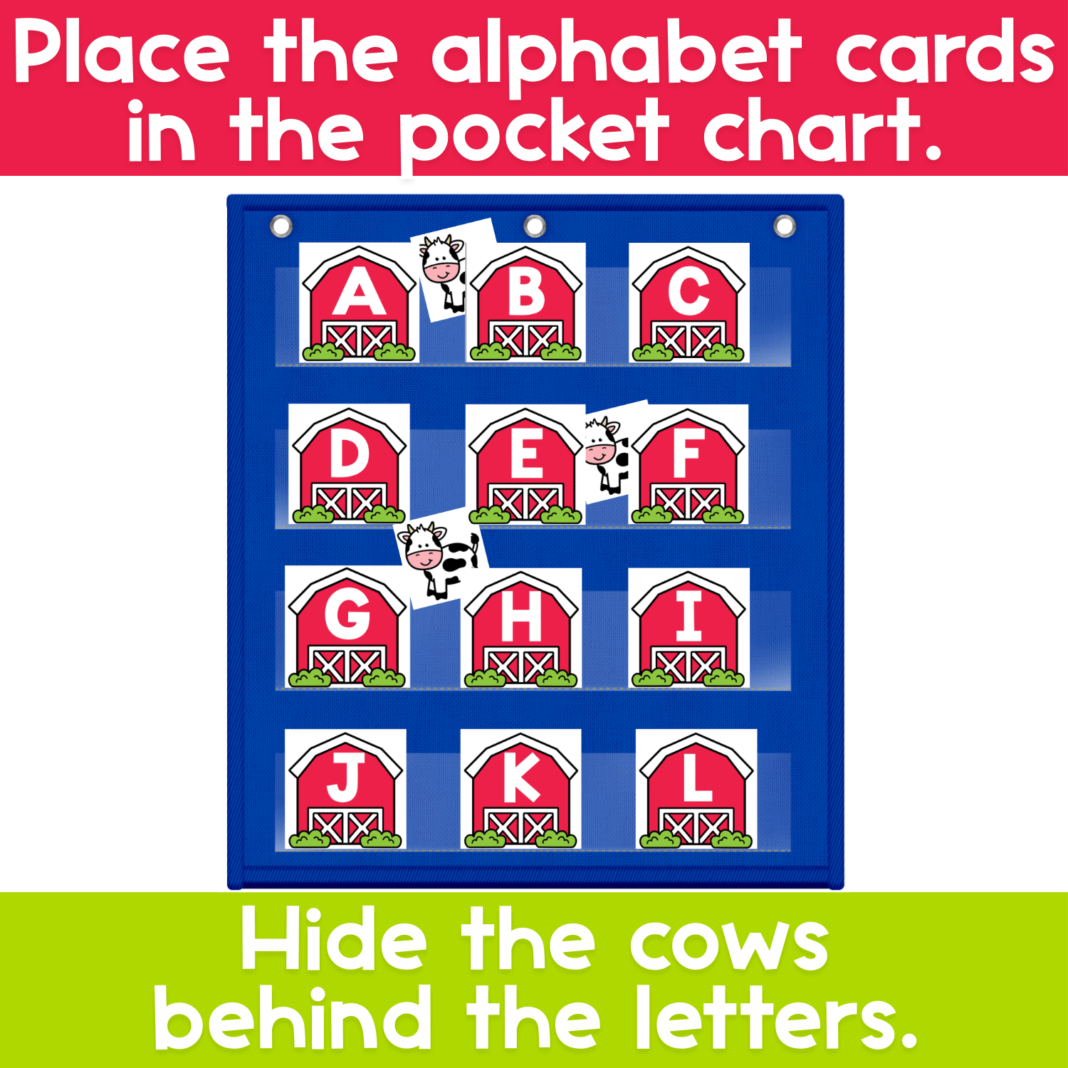 Alphabet hide and seek pocket chart game with farm animal cow theme showing uppercase letter cards on barns for letter recognition.