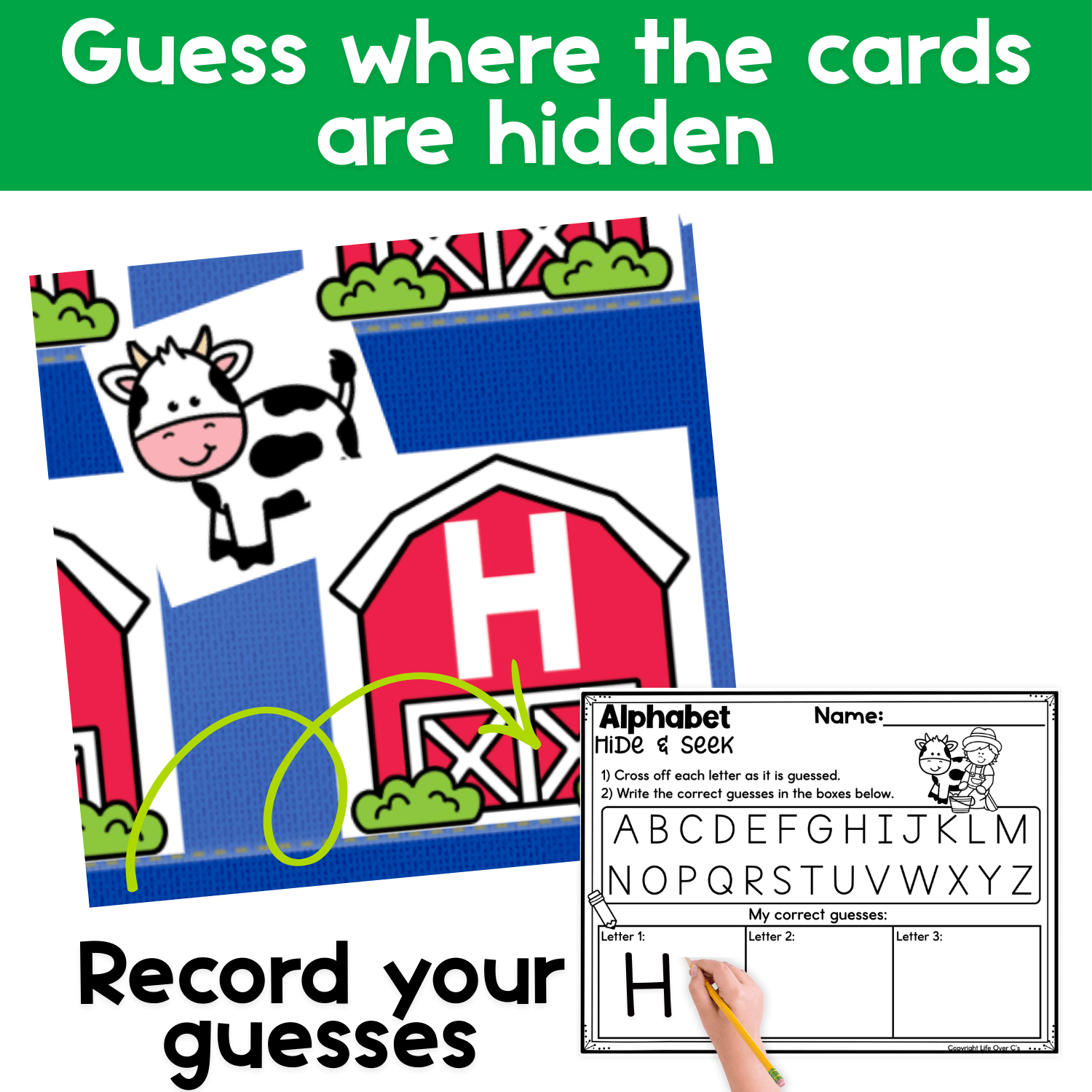 Alphabet pocket chart game with barn letter cards arranged in a pocket chart for uppercase alphabet practice during circle time.