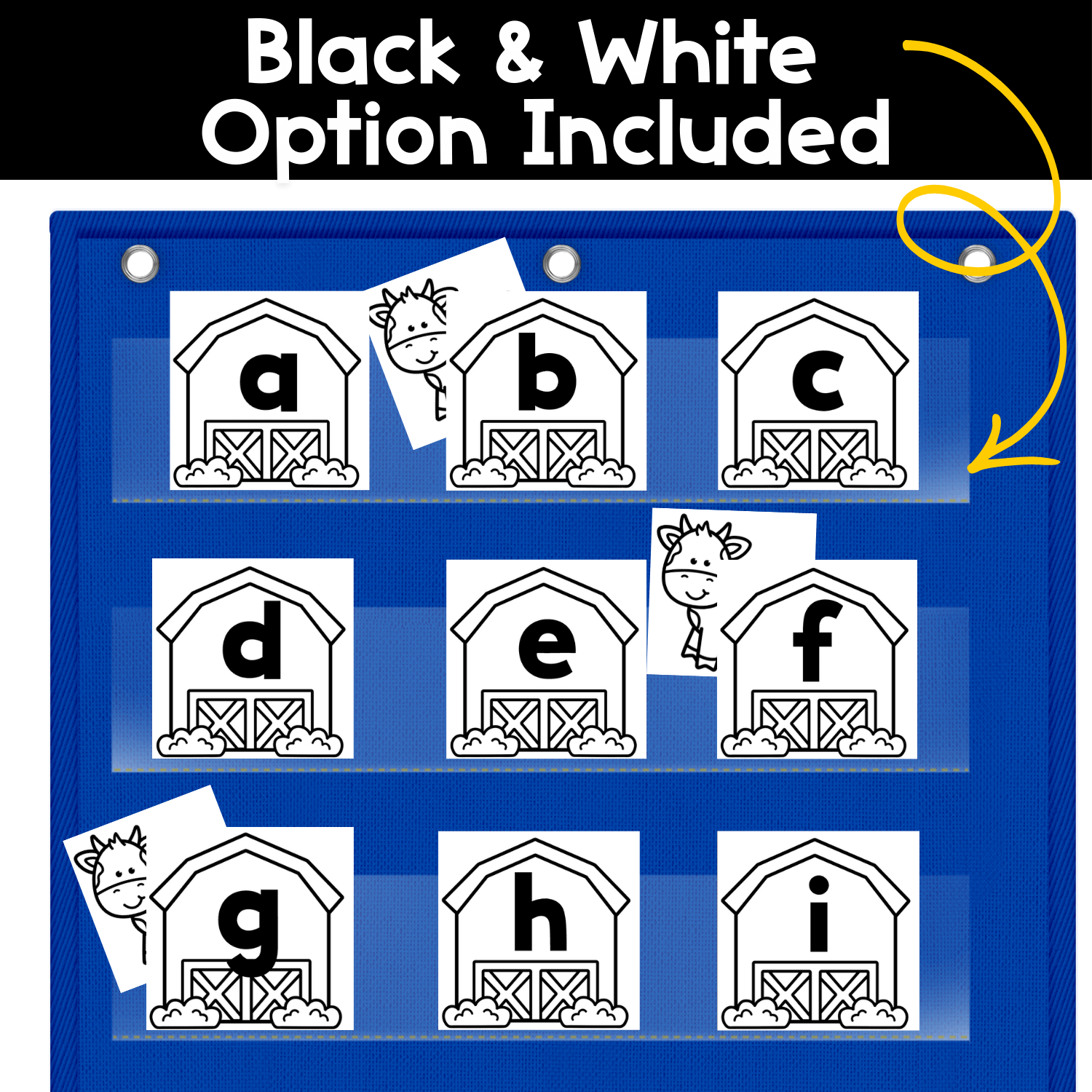 Alphabet hide and seek pocket chart game showing cow cards hidden behind barn letter cards for interactive alphabet learning.