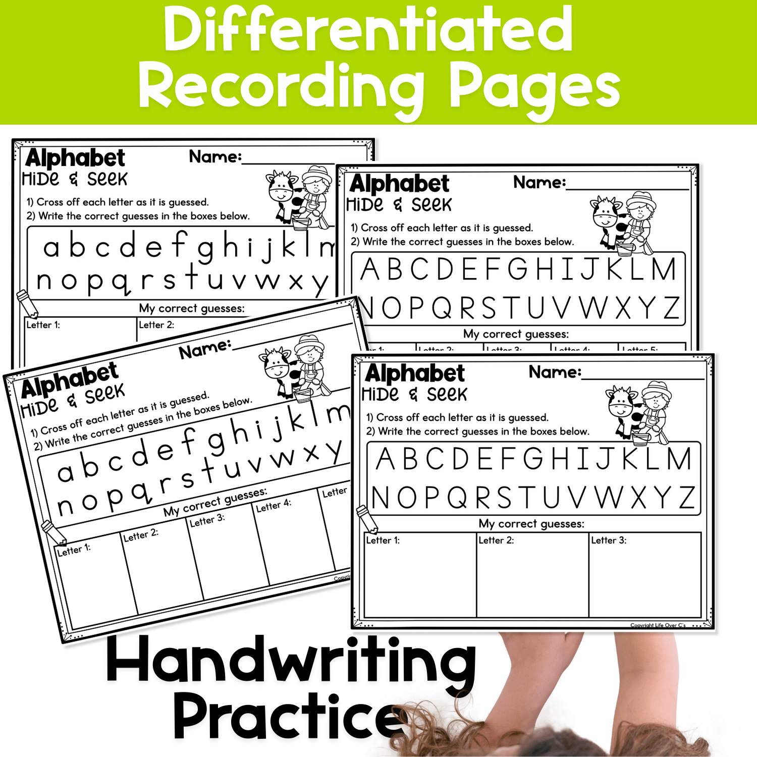 Alphabet hide and seek recording page paired with a pocket chart game to support handwriting and letter recognition.