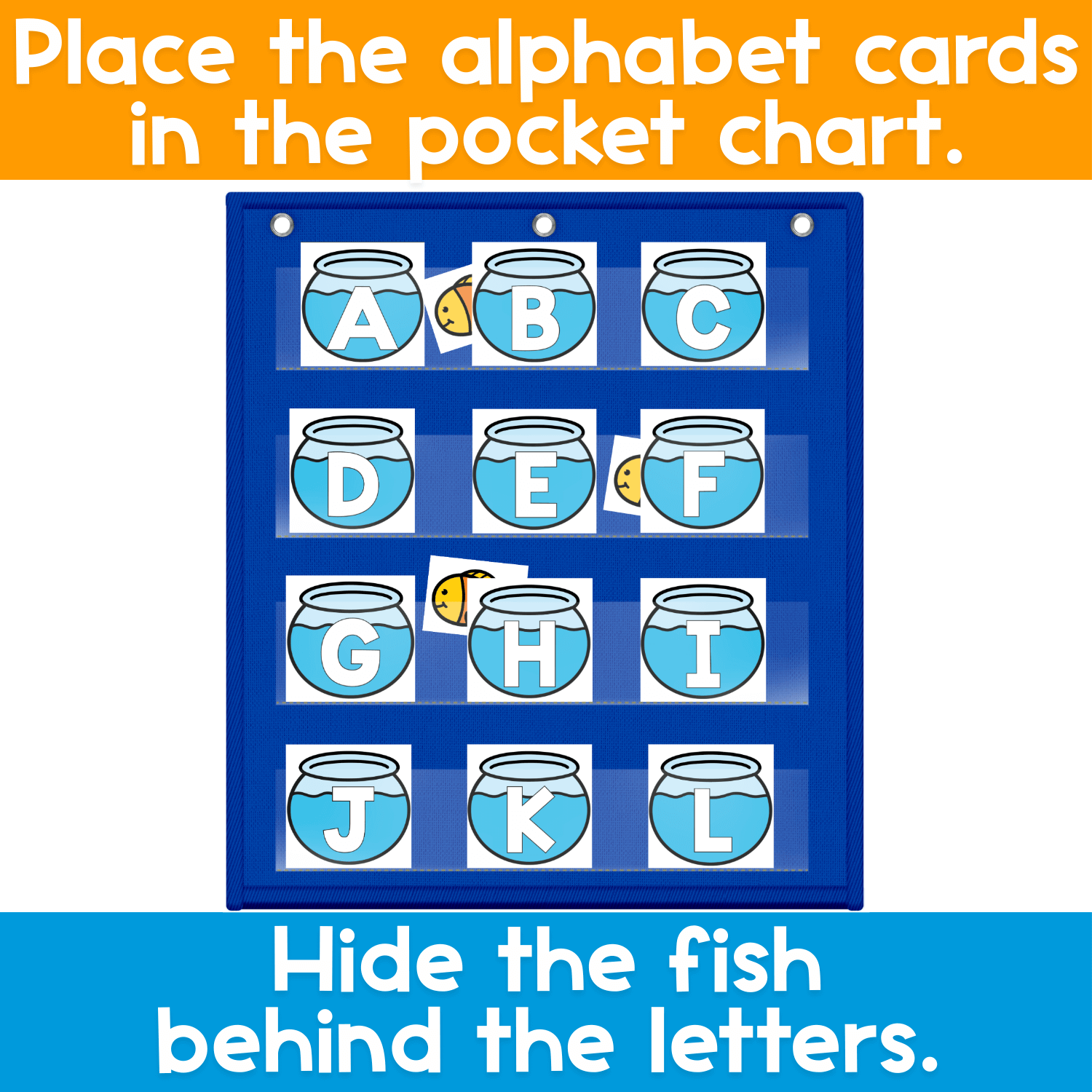 Alphabet Hide & Seek fishbowl game directions showing alphabet cards placed in a classroom pocket chart
