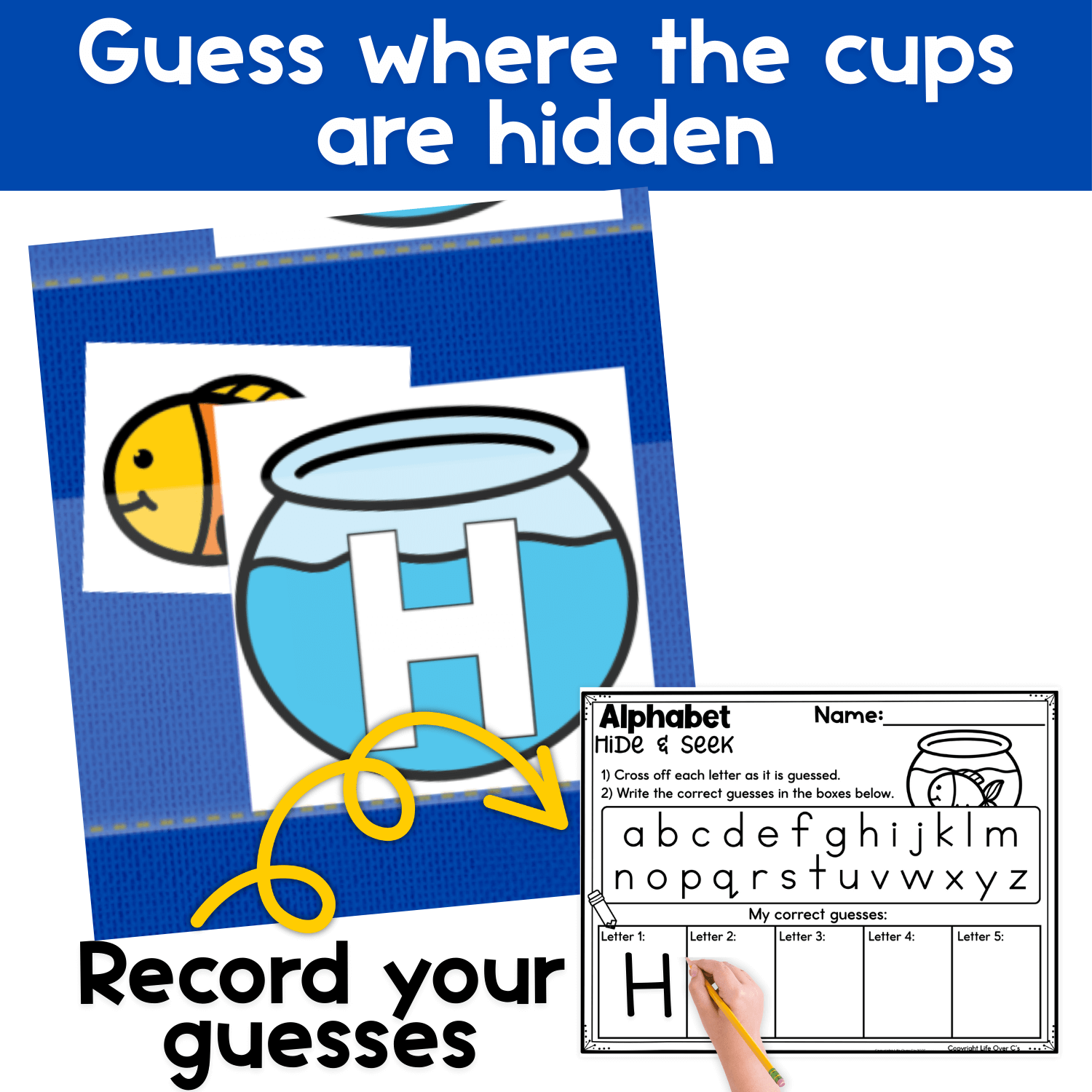 Alphabet Hide & Seek fishbowl activity demonstrating how to hide fish cards behind alphabet letters