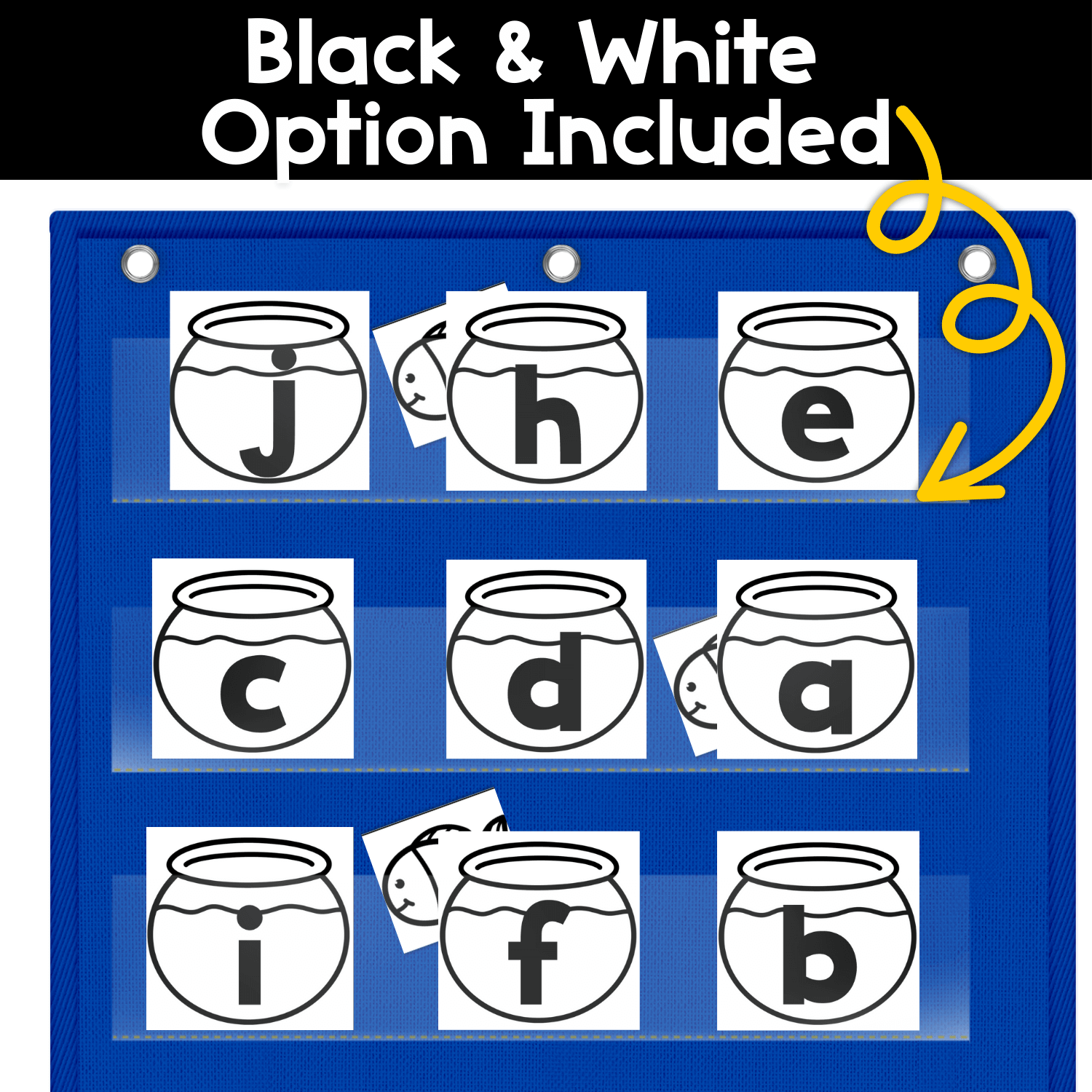 Black and white Alphabet Hide & Seek fishbowl pocket chart cards for low-ink printing and letter recognition practice