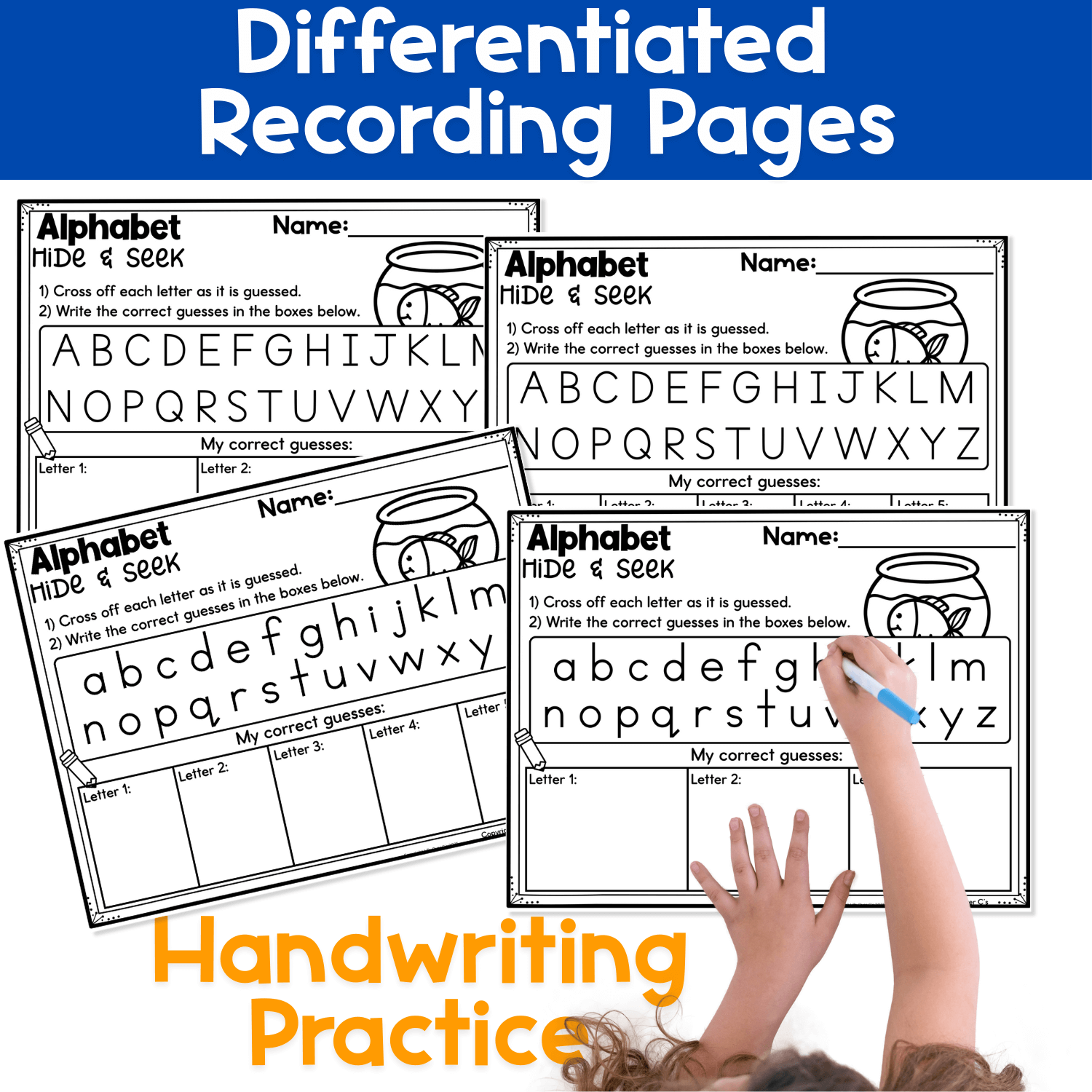 Differentiated Alphabet Hide & Seek recording pages with uppercase alphabet letters for handwriting and letter tracking