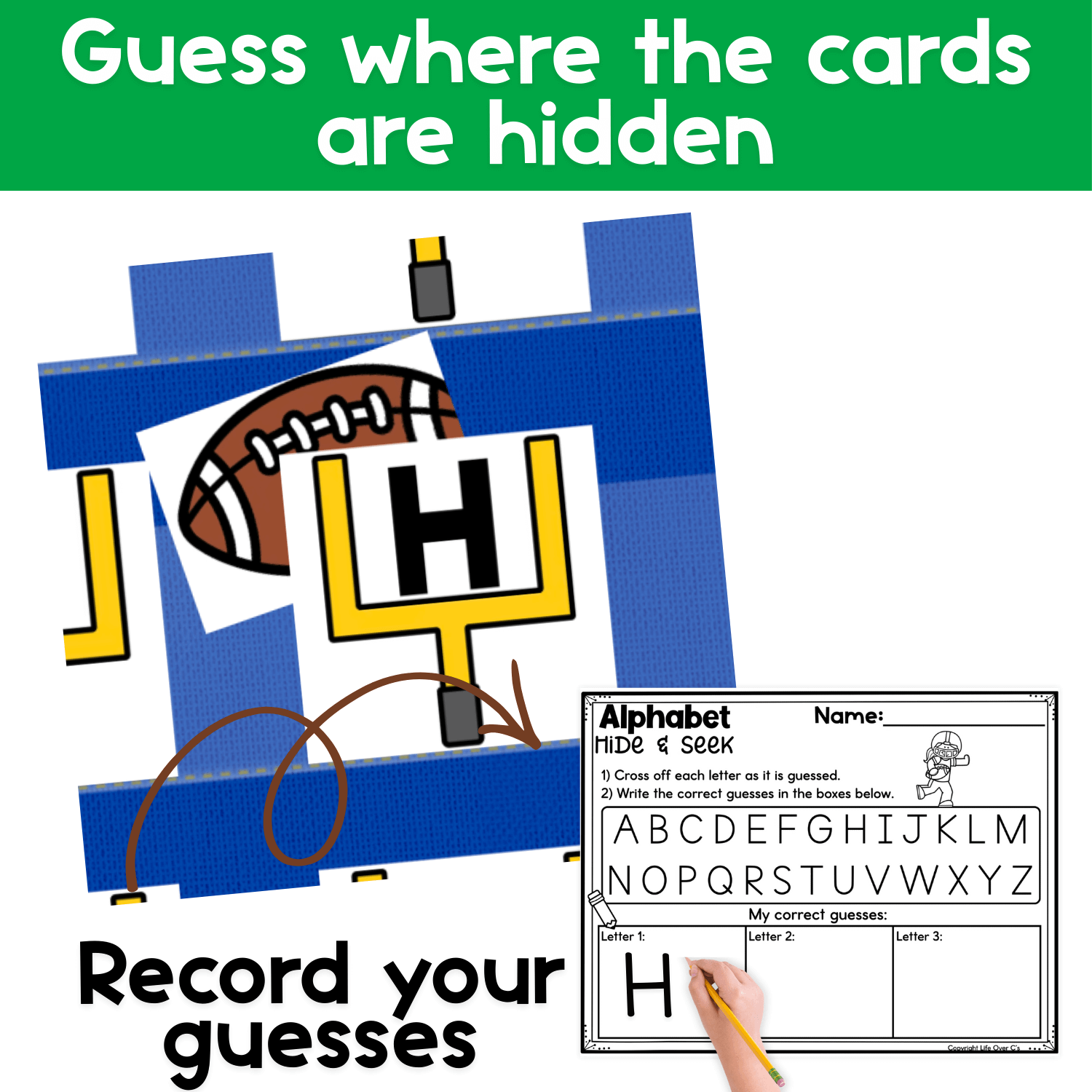 Alphabet Hide & Seek football pocket chart game showing a close-up of a hidden football behind an uppercase letter card on a goalpost, with students guessing letters and recording answers on a printable alphabet recording sheet for hands-on letter recognition