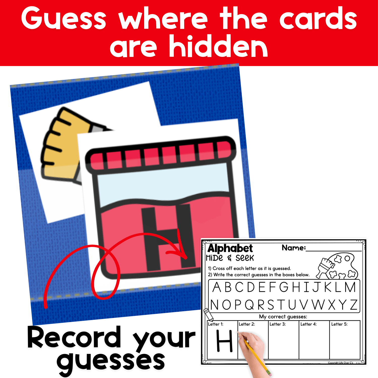 Alphabet Hide & Seek painting theme pocket chart game showing a close-up of an uppercase letter paint jar card with a paintbrush hidden behind it, as students guess the letter and record their answers on a printable alphabet recording sheet for hands-on letter recognition