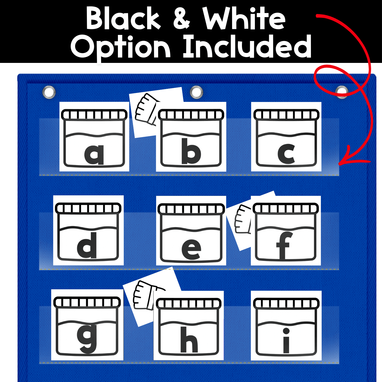 Black and white alphabet hide and seek painting theme pocket chart game showing lowercase letter paint jar cards with paintbrushes hidden behind select letters, designed for interactive letter recognition and print-friendly alphabet center activities