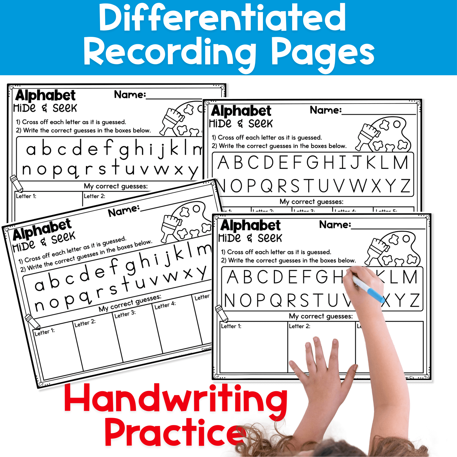 Differentiated alphabet hide and seek recording pages showing uppercase and lowercase alphabet checklists with handwriting boxes, designed for students to record guessed letters during alphabet pocket chart games and letter recognition activities
