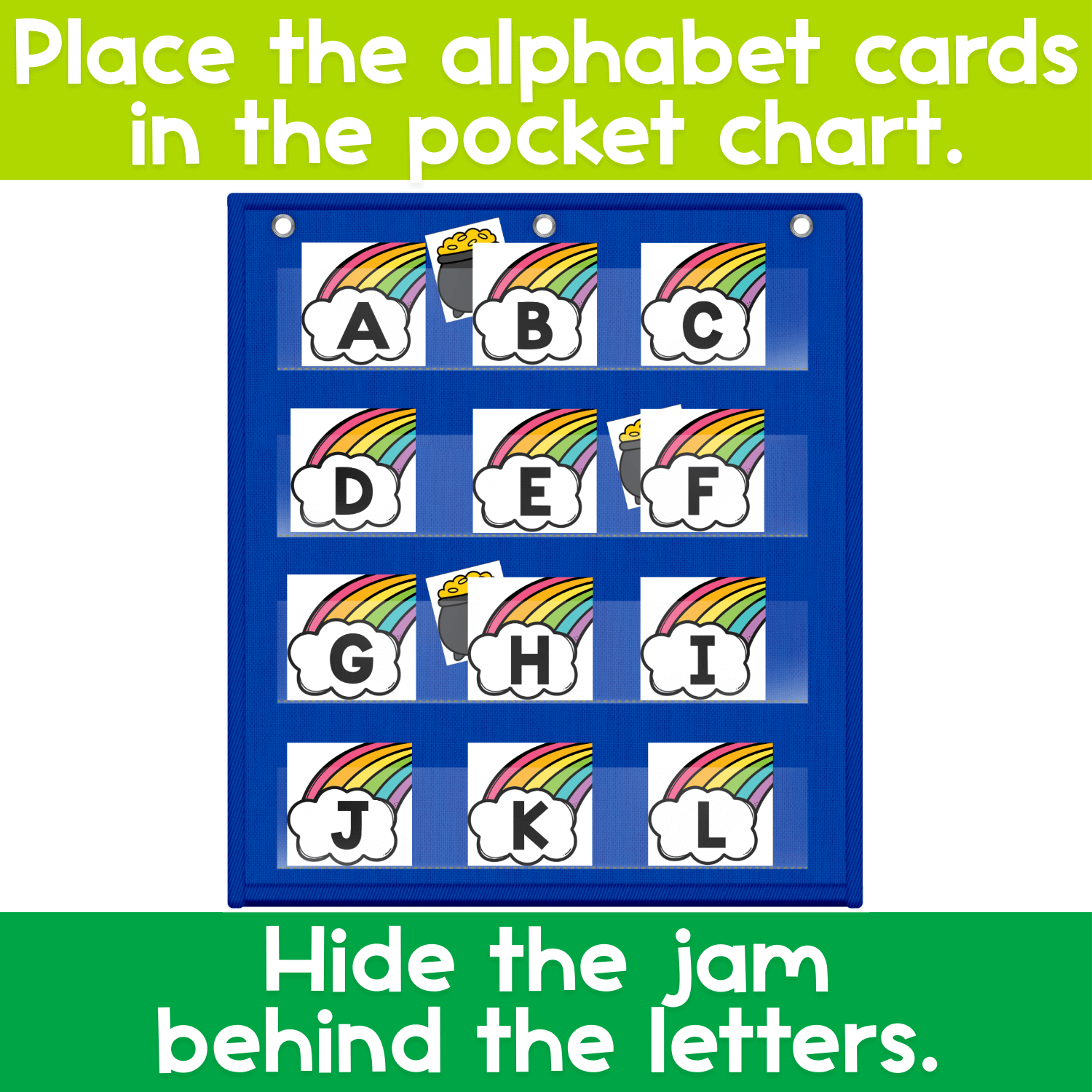 Alphabet Hide and Seek rainbow themed pocket chart game with uppercase alphabet cards placed in a pocket chart and jam cards hidden behind letters for interactive letter recognition practice