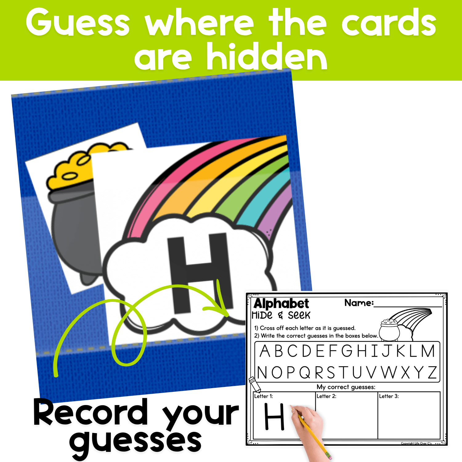 Alphabet Hide and Seek rainbow themed letter recognition game showing a student guessing where alphabet cards are hidden behind letters in a pocket chart and recording guesses on a printable worksheet