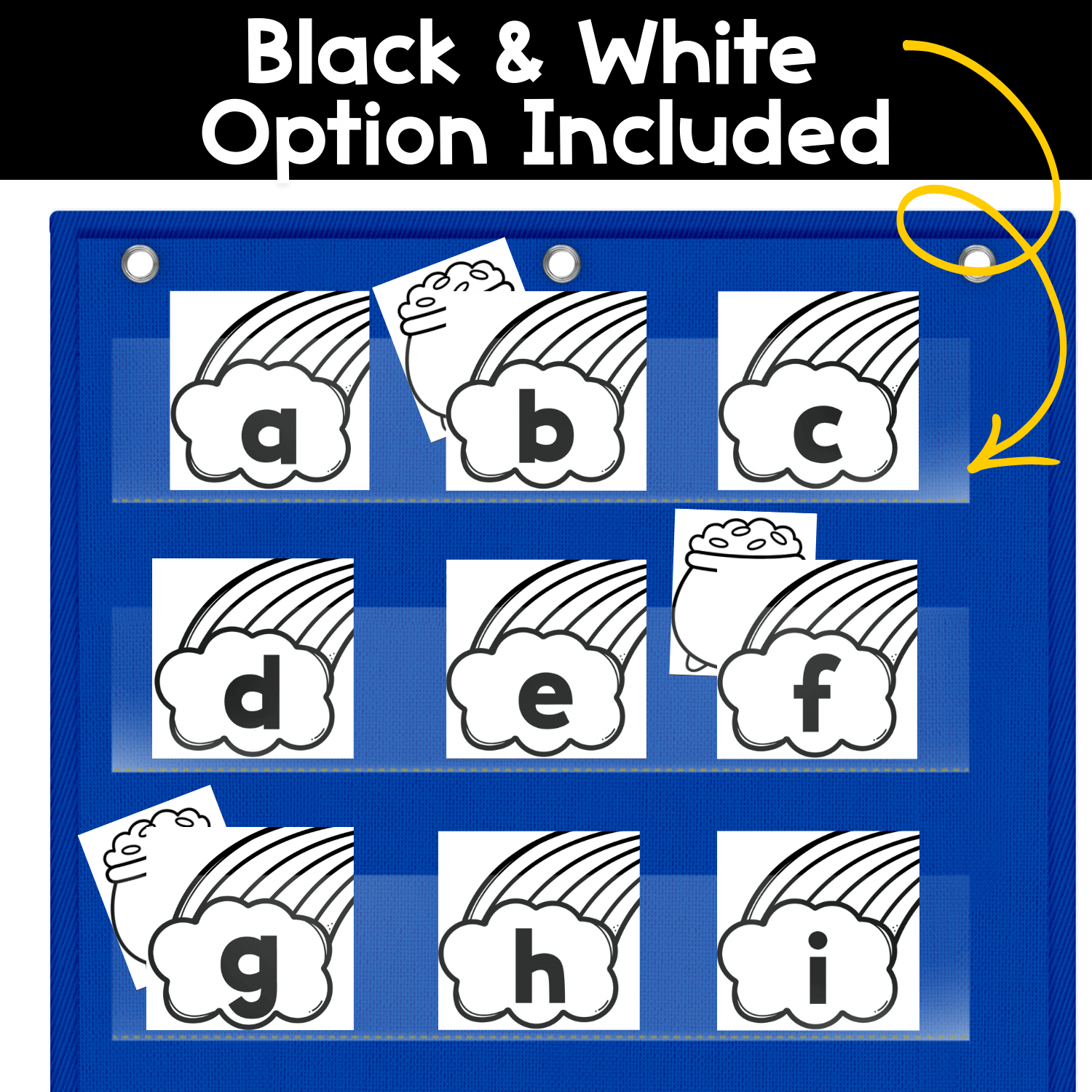 Black and white Alphabet Hide and Seek rainbow themed letter recognition pocket chart game showing lowercase alphabet cards with hidden pictures behind the letters for guessing and letter identification practice