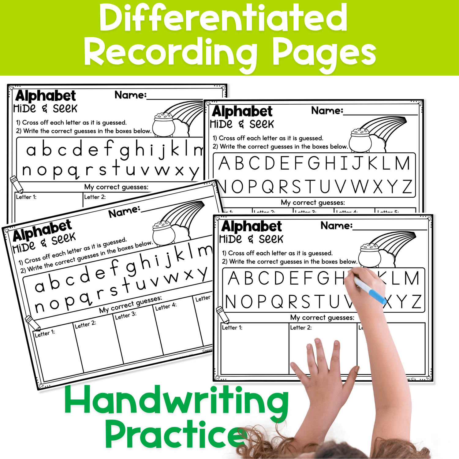 Differentiated Alphabet Hide and Seek recording pages for rainbow themed letter recognition showing uppercase and lowercase alphabet tracking, handwriting practice, and guess recording sheets for preschool and kindergarten