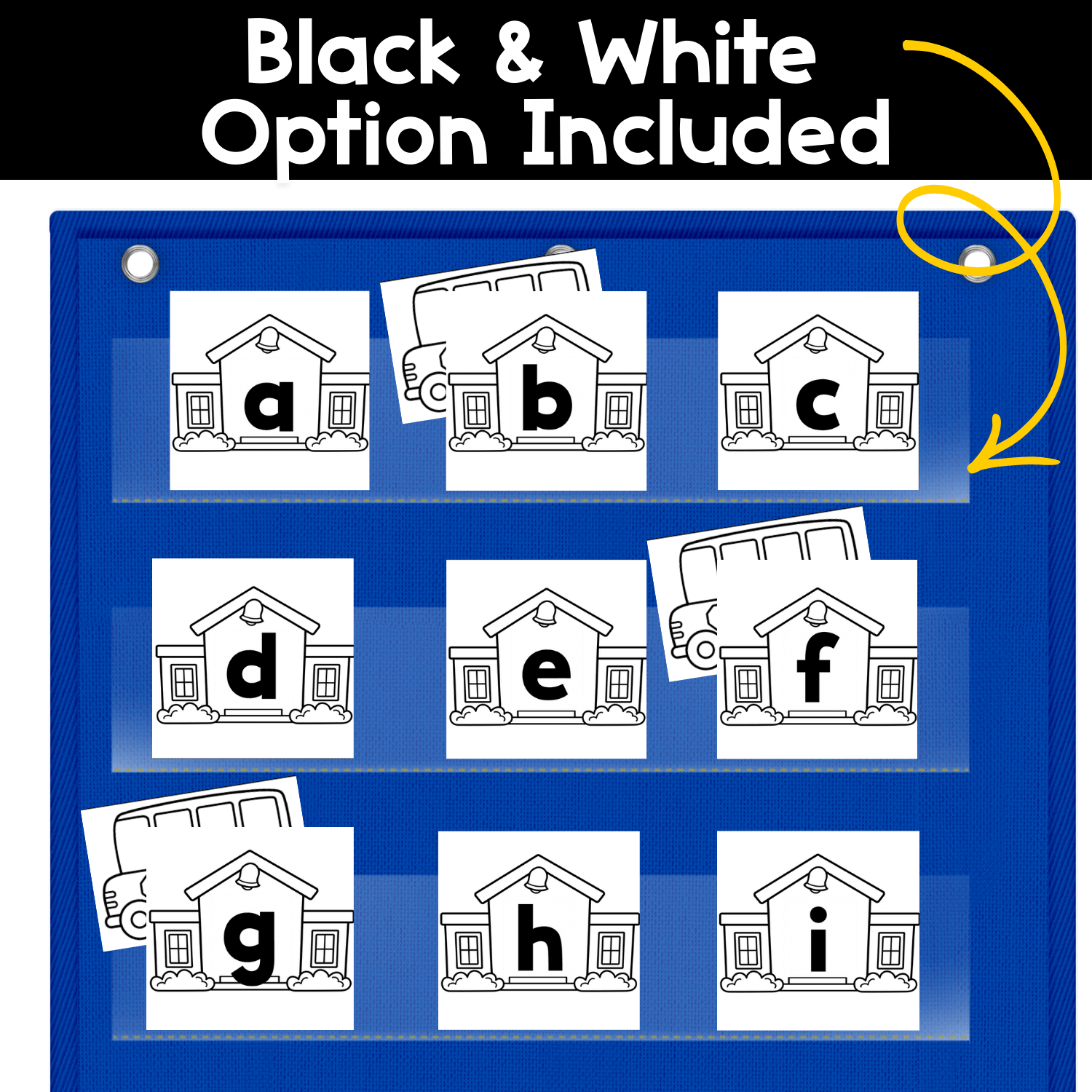 Black and white alphabet hide and seek pocket chart game with a school theme, showing lowercase letter cards on school buildings with school bus cards hidden behind select letters, designed for letter recognition and easy printing