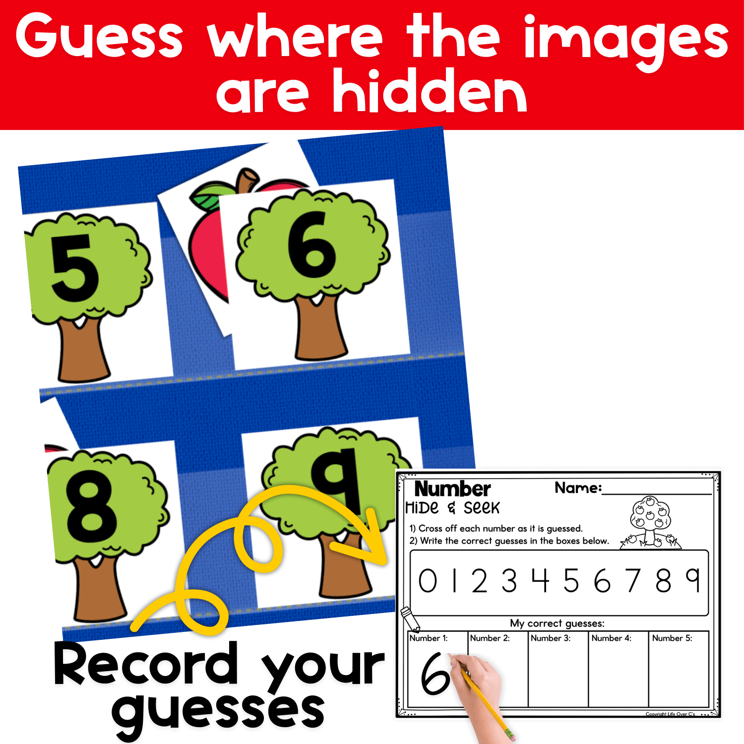 Close-up view of the Numbers Hide & Seek game showing apple images hidden behind number cards in a pocket chart. Students guess which number is hiding each apple, then record their answers on a printable recording sheet to practice counting and number identification.