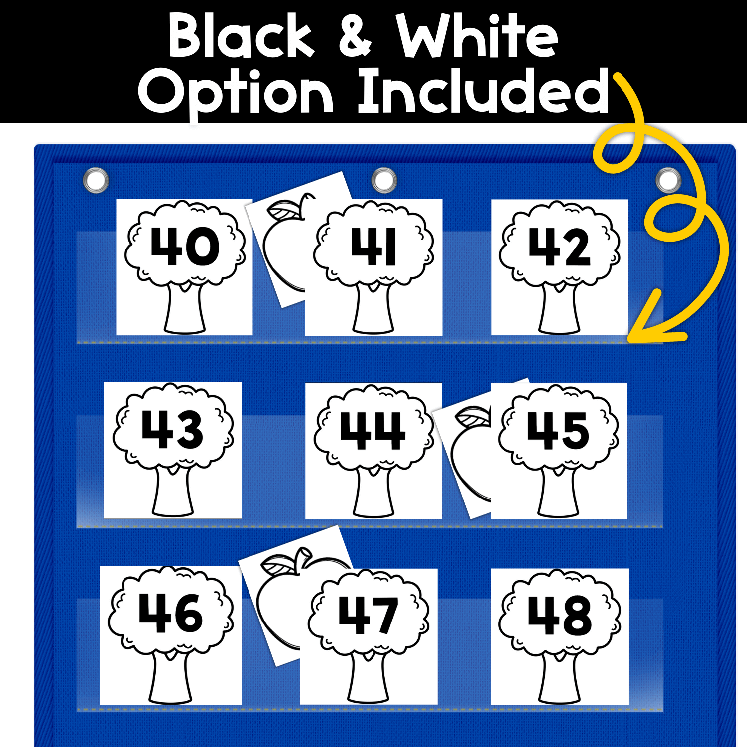 Black and white version of the Numbers Hide & Seek pocket chart game featuring apple tree number cards numbered 40–48. This low-ink option shows numbers arranged in a pocket chart with apples hidden behind select cards for higher number recognition and counting practice.